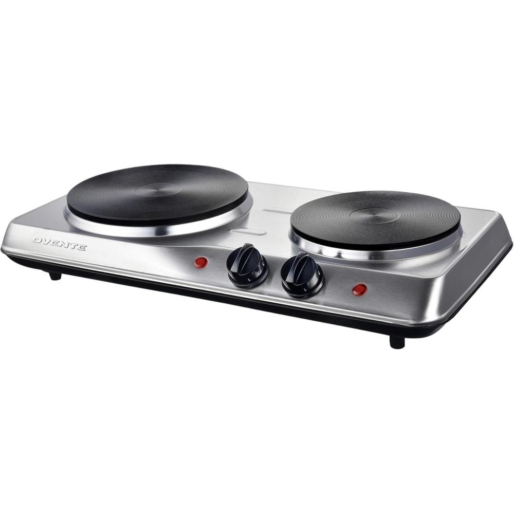 imageOVENTE Electric Countertop Single Burner 1000W Cooktop with 725 Inch Cast Iron Hot Plate 5 Level Temperature Control Compact Cooking Stove and Easy to Clean Stainless Steel Base Silver BGS101SBGS102S Silver