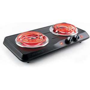 OVENTE Electric Countertop Double Burner, 1700W Cooktop with 6″ and 5.75″ Stainless Steel Coil Hot Plates, 5 Level Temperature Control, Indicator Lights and Easy to Clean Cooking Stove, Black BGC102B(BGC102B – Black)