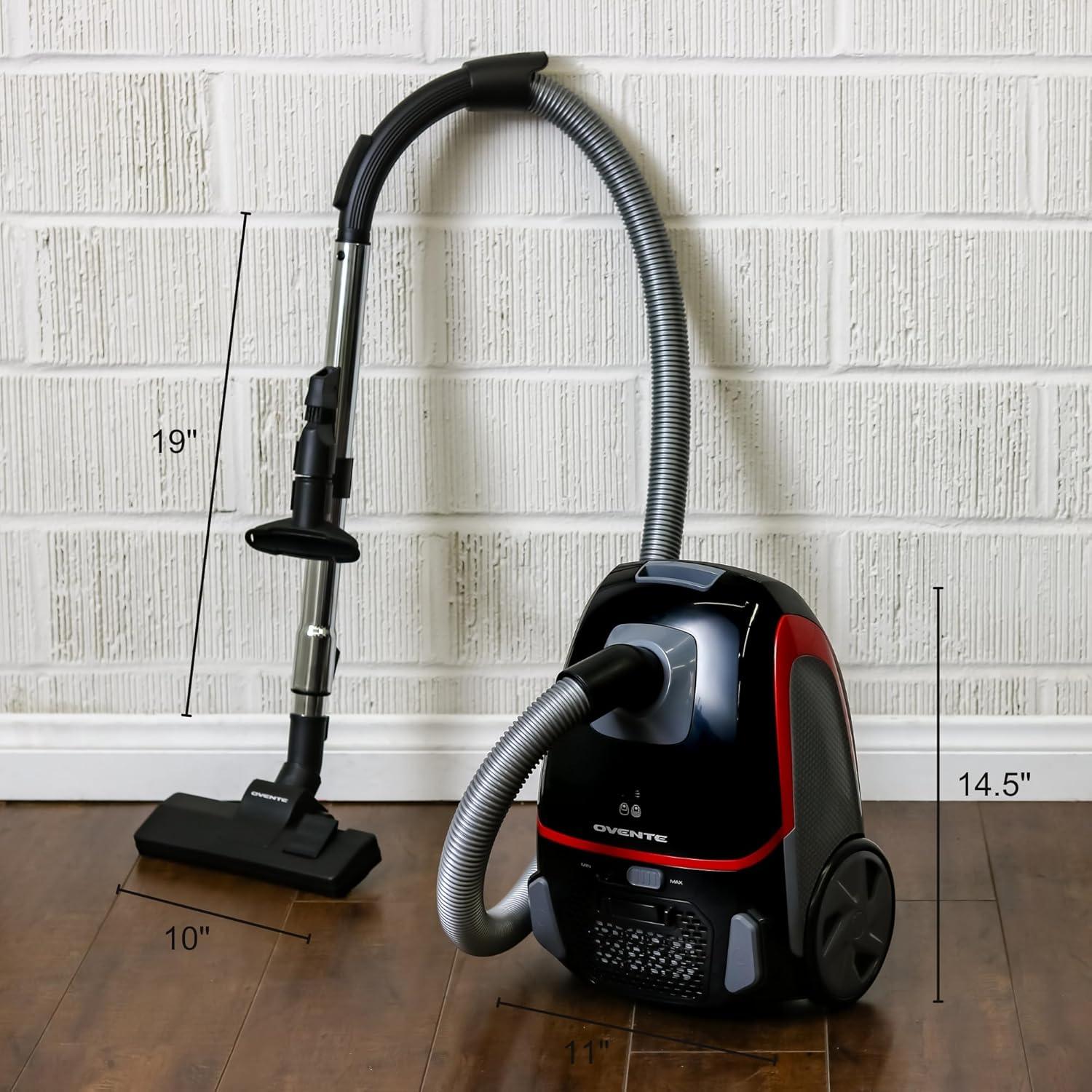 imageOVENTE Bagless Canister Vacuum Cleaner with Powerful MultiSurface Suction Telescoping Wand and Automatic Cord Rewind Lightweight Corded Cleaning Machine with SofaPet Brush Included Black ST2010St1600b