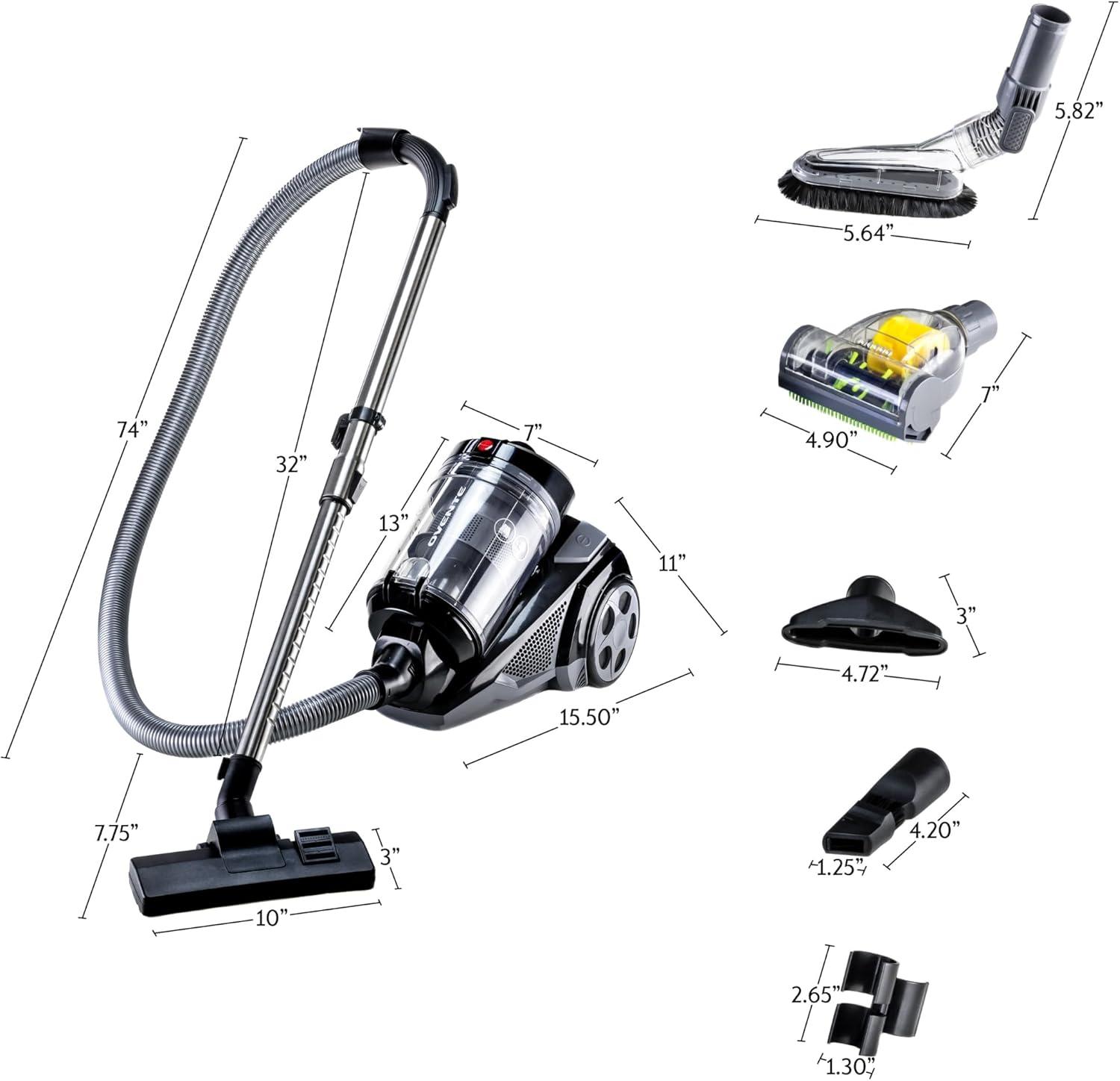 imageOVENTE Bagless Canister Vacuum Cleaner with Powerful MultiSurface Suction Telescoping Wand and Automatic Cord Rewind Lightweight Corded Cleaning Machine with SofaPet Brush Included Black ST2010St2620b