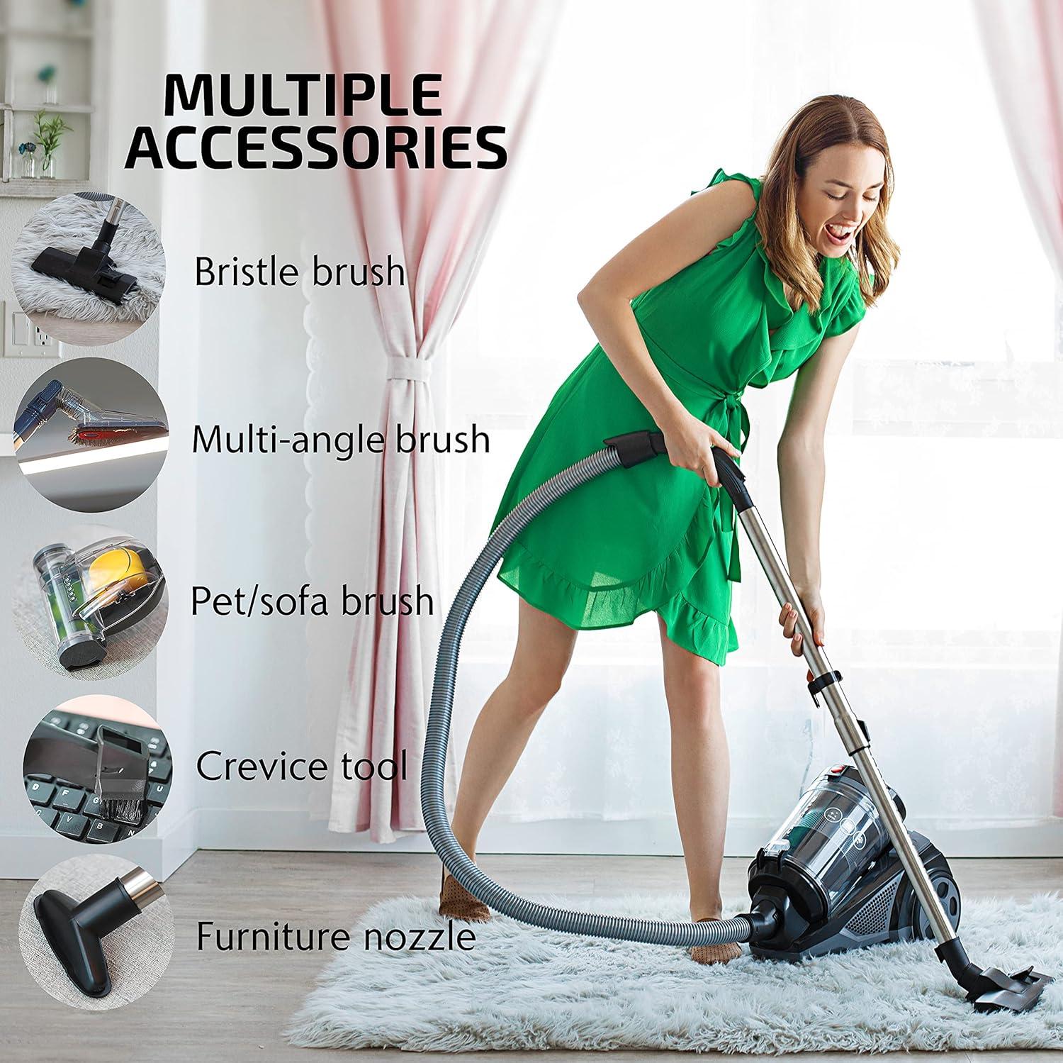 imageOVENTE Bagless Canister Vacuum Cleaner with Powerful MultiSurface Suction Telescoping Wand and Automatic Cord Rewind Lightweight Corded Cleaning Machine with SofaPet Brush Included Black ST2010St2620b