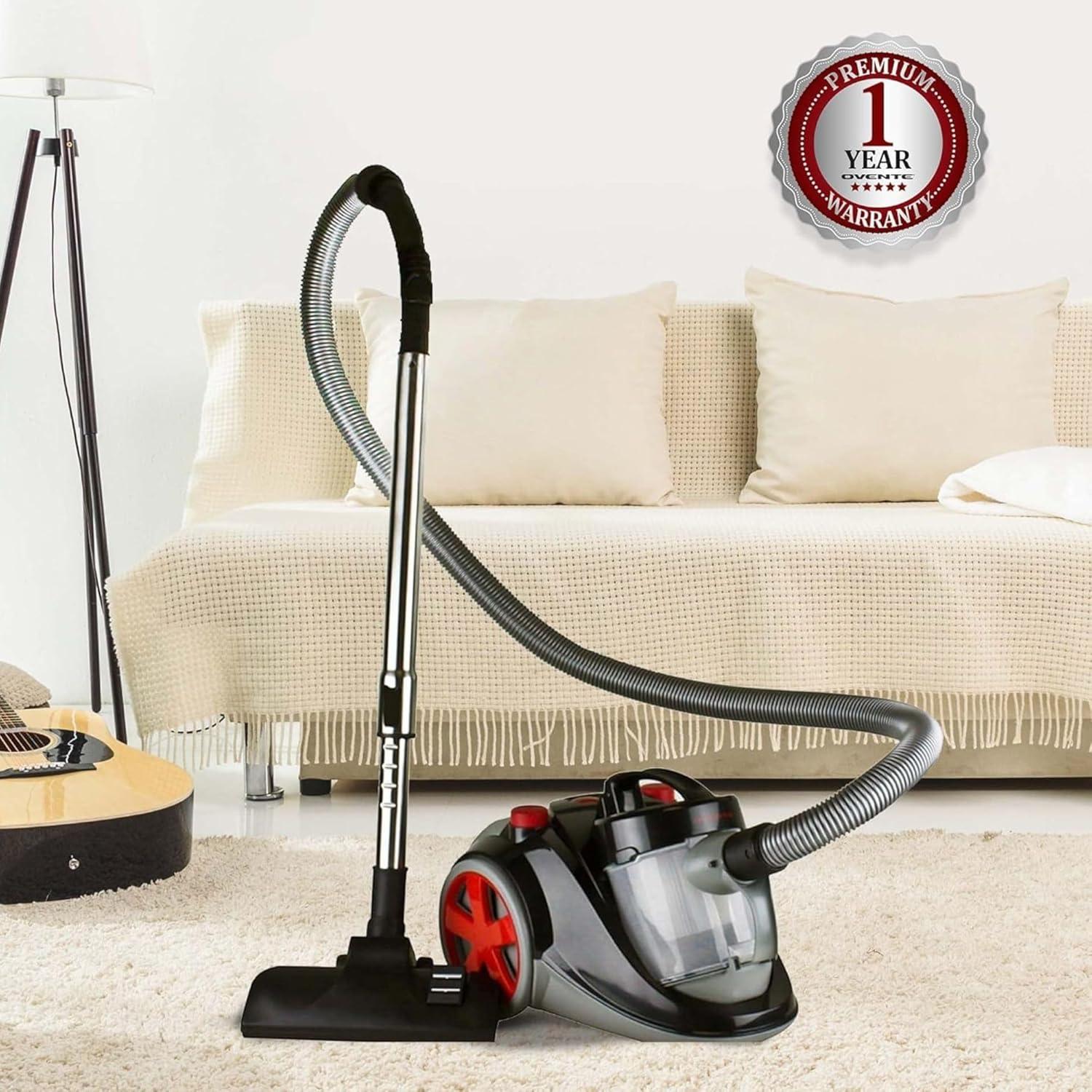 imageOVENTE Bagless Canister Vacuum Cleaner with Powerful MultiSurface Suction Telescoping Wand and Automatic Cord Rewind Lightweight Corded Cleaning Machine with SofaPet Brush Included Black ST2010St2010