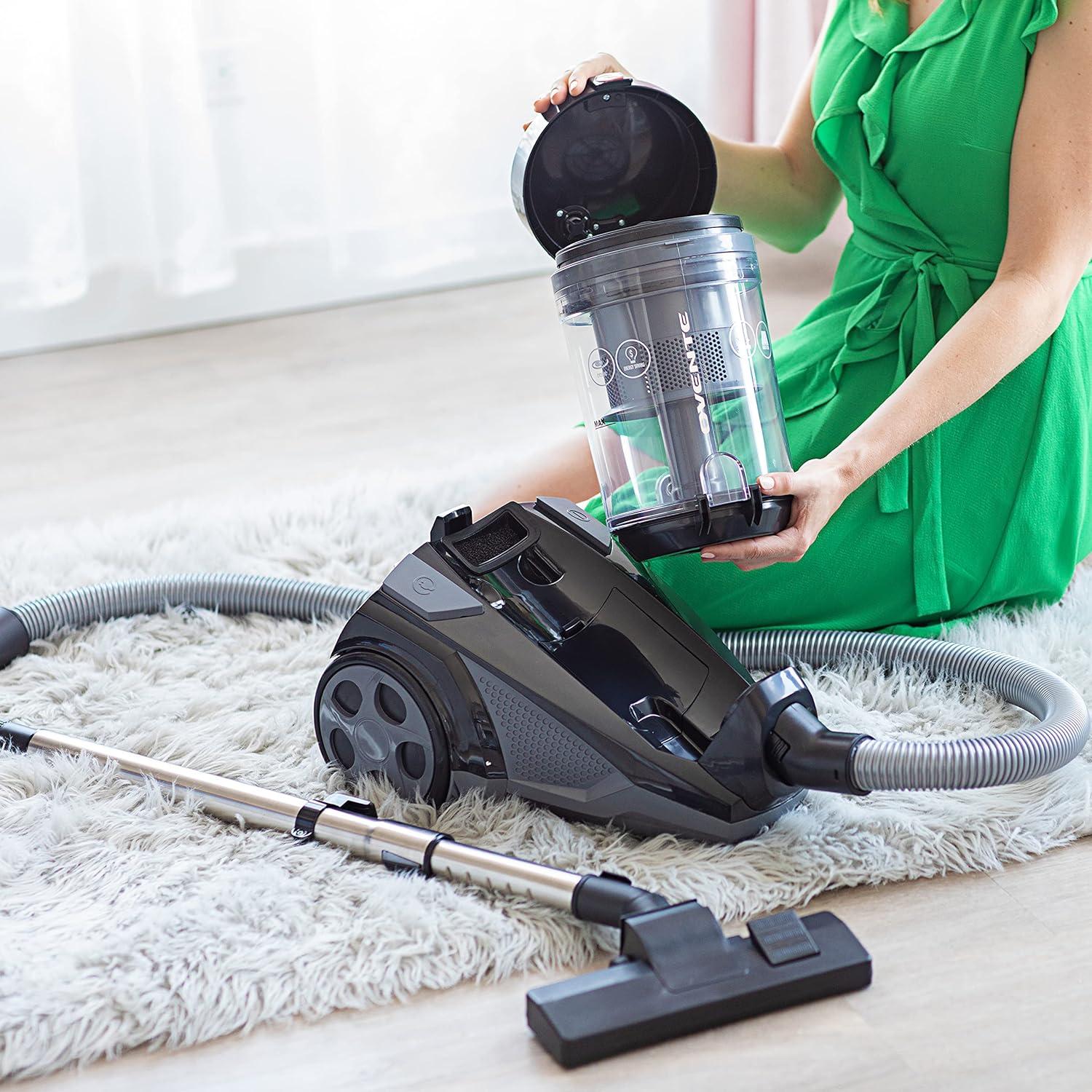imageOVENTE Bagless Canister Vacuum Cleaner with Powerful MultiSurface Suction Telescoping Wand and Automatic Cord Rewind Lightweight Corded Cleaning Machine with SofaPet Brush Included Black ST2010St2620b