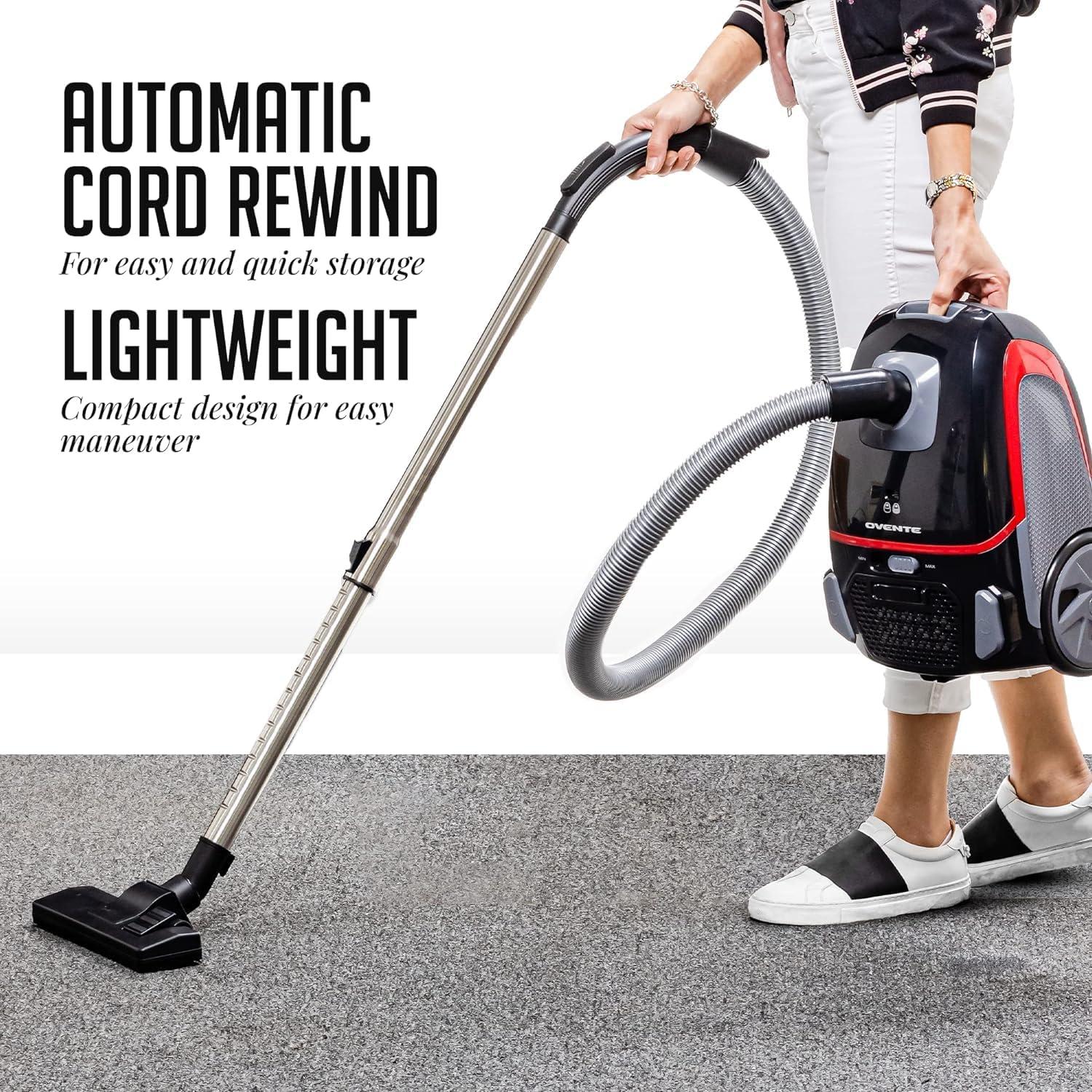 imageOVENTE Bagless Canister Vacuum Cleaner with Powerful MultiSurface Suction Telescoping Wand and Automatic Cord Rewind Lightweight Corded Cleaning Machine with SofaPet Brush Included Black ST2010St1600b Acpst16041