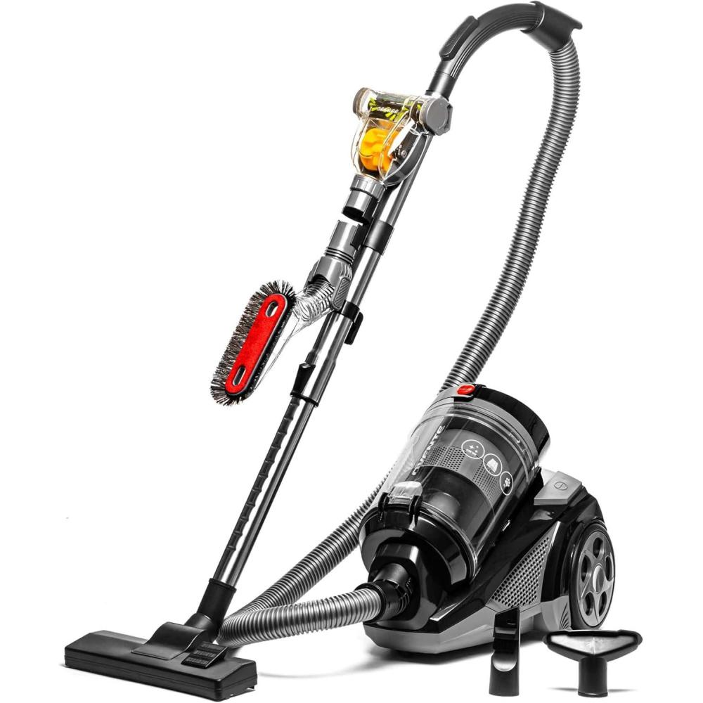 imageOVENTE Bagless Canister Vacuum Cleaner with Powerful MultiSurface Suction Telescoping Wand and Automatic Cord Rewind Lightweight Corded Cleaning Machine with SofaPet Brush Included Black ST2010St2620b