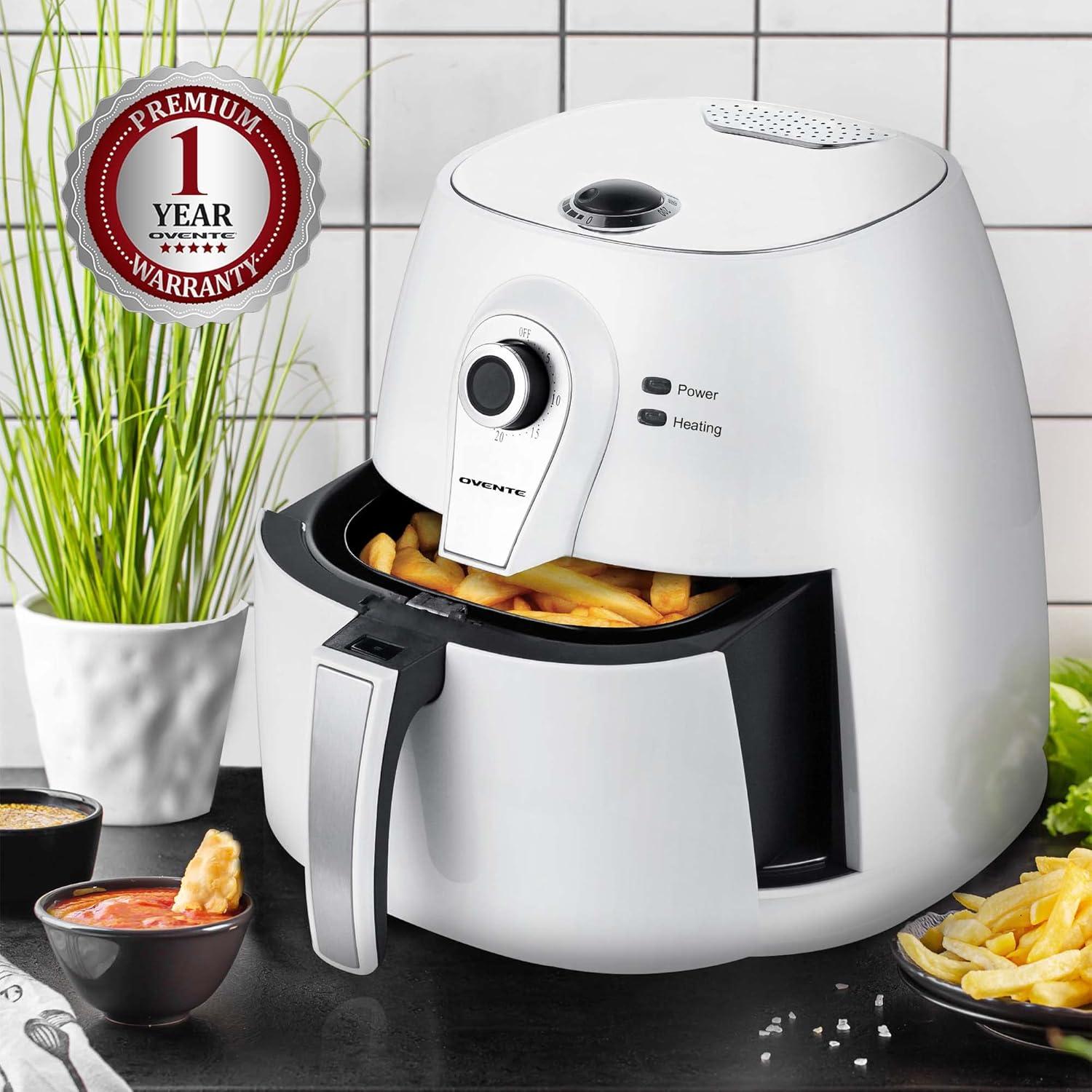 imageOVENTE Compact Air Fryer 32 Quart Electric Hot Cooker with 1400W Power Adjustable Temperature Auto Shutoff Dishwasher Safe NonStick Basket Perfect for Healthy and Oilless Food White FAM21302W