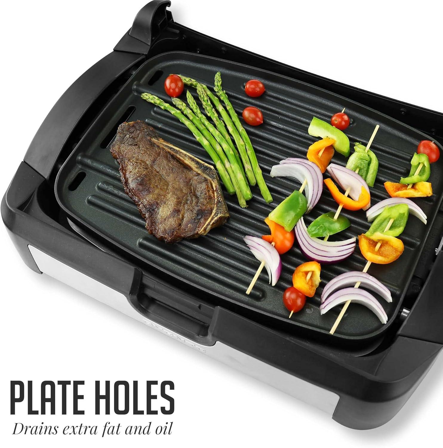 imageOVENTE 2in1 Electric Grill and Griddle with Removable Tempered Glass Cover 1700W Fast Heating Ceramic NonStick Plate Perfect for Indoor BBQ Cooking Breakfast Pancake Bacon and Egg Black GR2001B