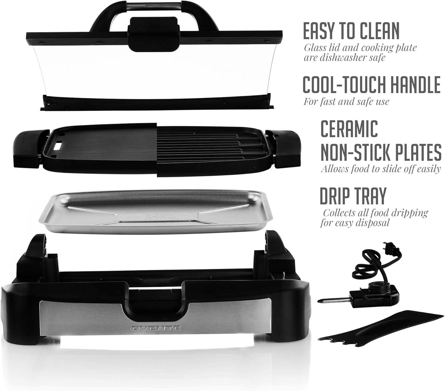 imageOVENTE 2in1 Electric Grill and Griddle with Removable Tempered Glass Cover 1700W Fast Heating Ceramic NonStick Plate Perfect for Indoor BBQ Cooking Breakfast Pancake Bacon and Egg Black GR2001B