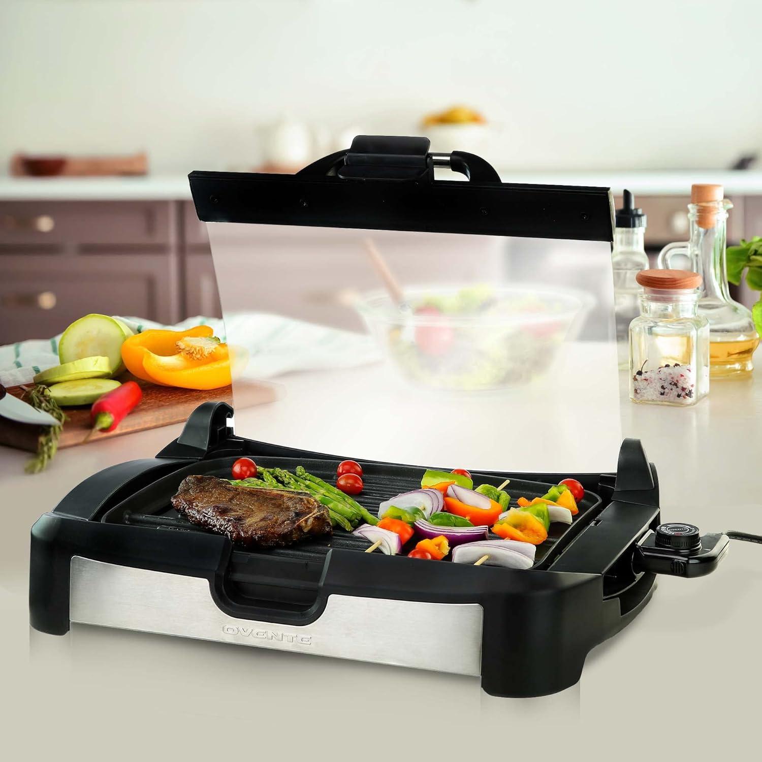 imageOVENTE 2in1 Electric Grill and Griddle with Removable Tempered Glass Cover 1700W Fast Heating Ceramic NonStick Plate Perfect for Indoor BBQ Cooking Breakfast Pancake Bacon and Egg Black GR2001B
