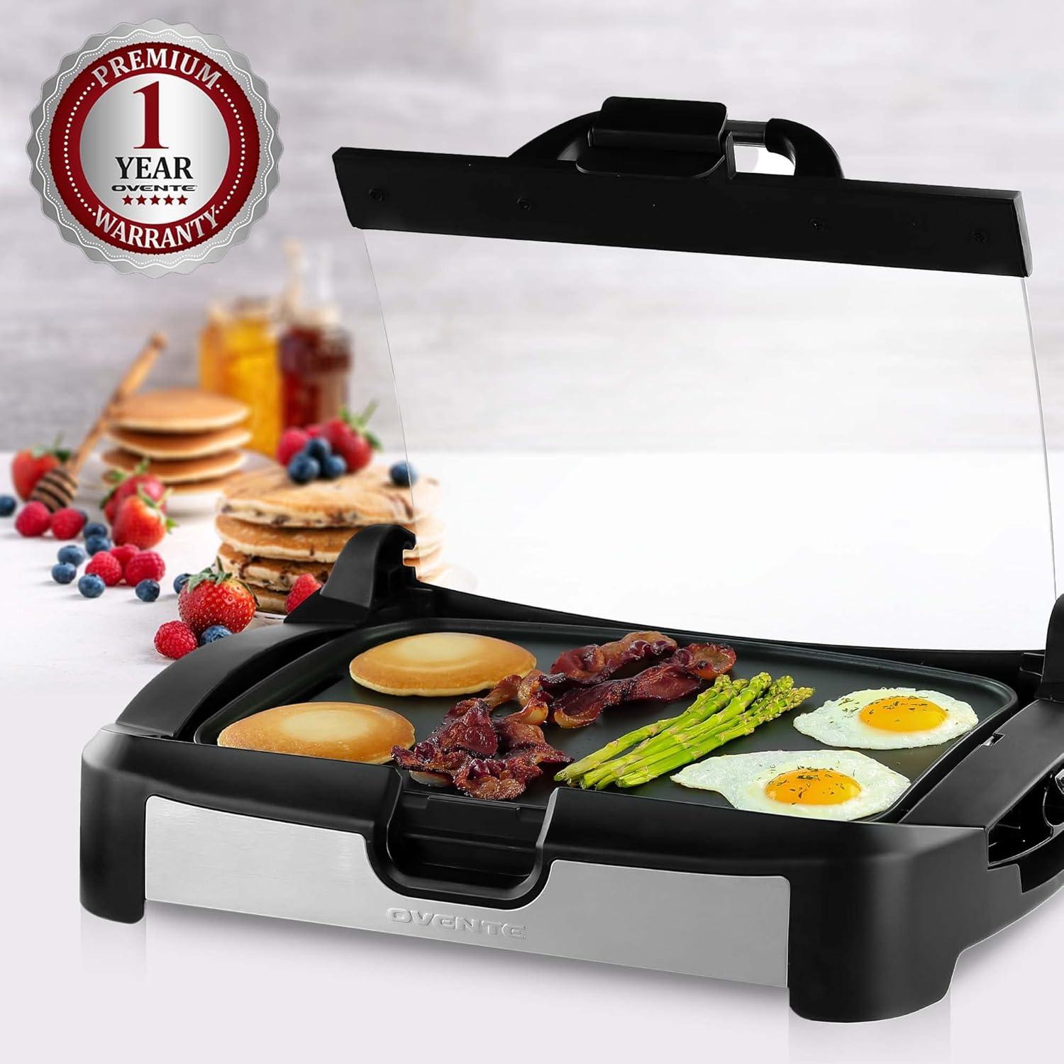 imageOVENTE 2in1 Electric Grill and Griddle with Removable Tempered Glass Cover 1700W Fast Heating Ceramic NonStick Plate Perfect for Indoor BBQ Cooking Breakfast Pancake Bacon and Egg Black GR2001B
