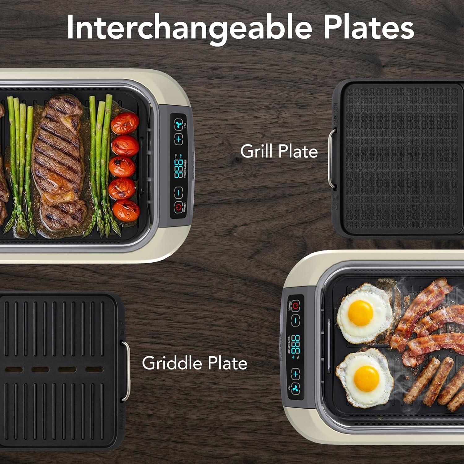 imageOVENTE Electric Indoor Grill with 13x10 Inch NonStick Cooking Surface 1000W Fast Heat Up Power Adjustable Temperature Removable and Dishwasher Safe Grilling Plate and Drip Tray Black GD1632NLBSGR85W White