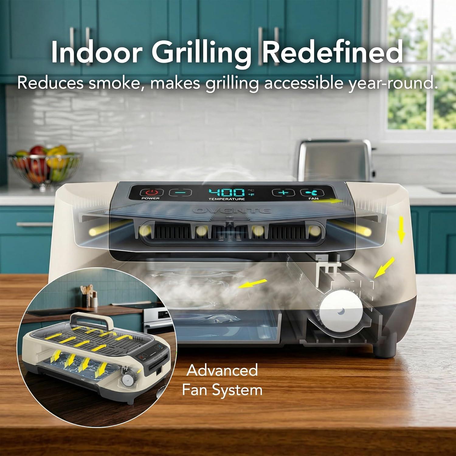 imageOVENTE Electric Indoor Grill with 13x10 Inch NonStick Cooking Surface 1000W Fast Heat Up Power Adjustable Temperature Removable and Dishwasher Safe Grilling Plate and Drip Tray Black GD1632NLBSGR85W White