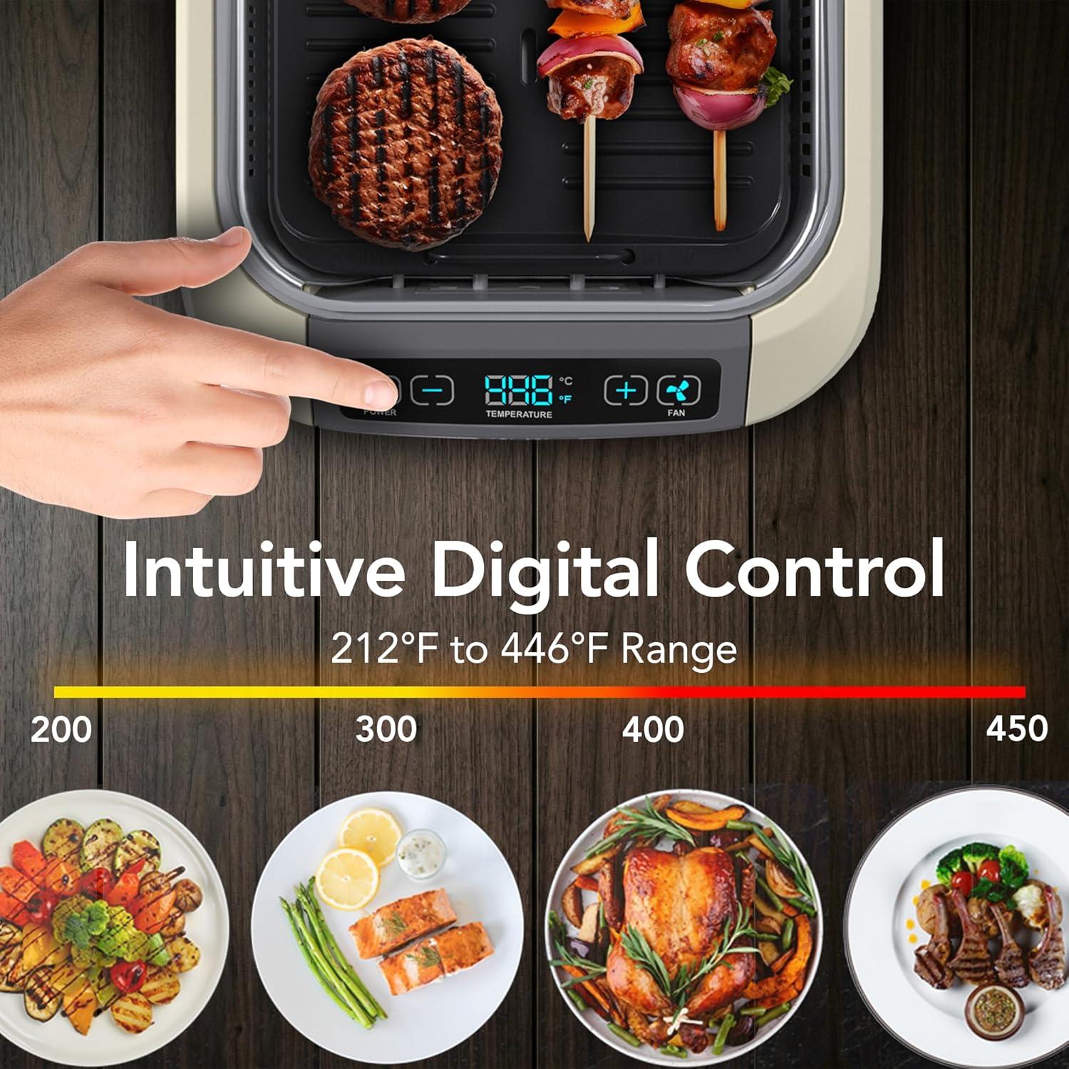 imageOVENTE Electric Indoor Grill with 13x10 Inch NonStick Cooking Surface 1000W Fast Heat Up Power Adjustable Temperature Removable and Dishwasher Safe Grilling Plate and Drip Tray Black GD1632NLBSGR85W White