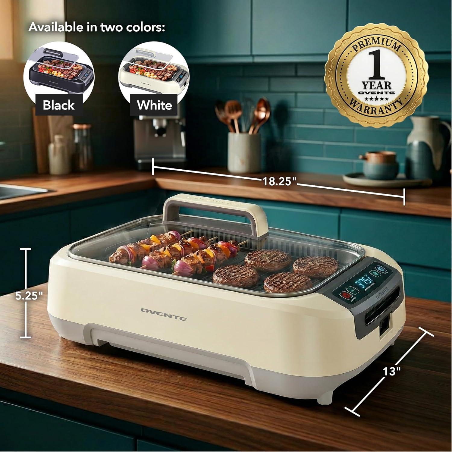 imageOVENTE Electric Indoor Grill with 13x10 Inch NonStick Cooking Surface 1000W Fast Heat Up Power Adjustable Temperature Removable and Dishwasher Safe Grilling Plate and Drip Tray Black GD1632NLBSGR85W White