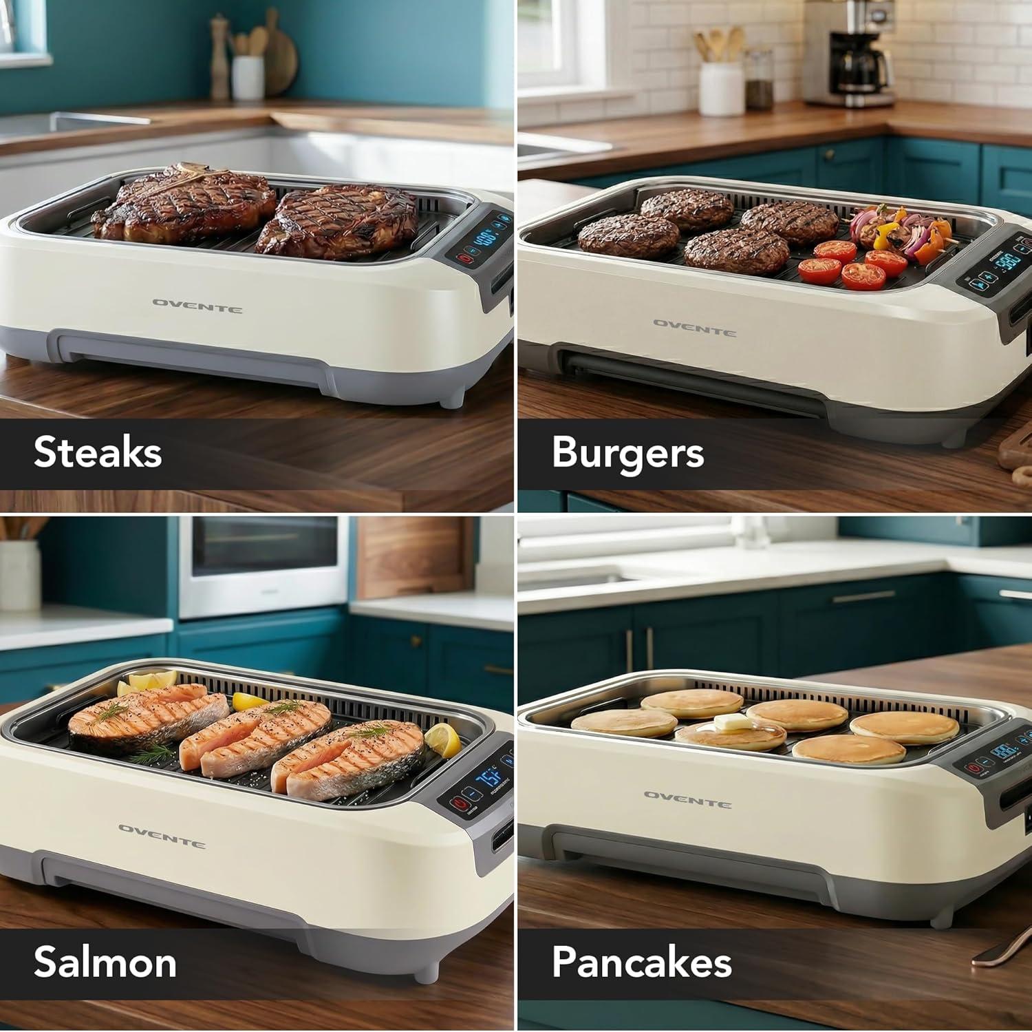 imageOVENTE Electric Indoor Grill with 13x10 Inch NonStick Cooking Surface 1000W Fast Heat Up Power Adjustable Temperature Removable and Dishwasher Safe Grilling Plate and Drip Tray Black GD1632NLBSGR85W White
