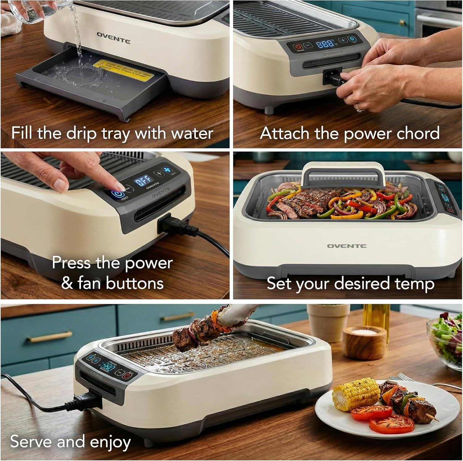 imageOVENTE Electric Indoor Grill with 13x10 Inch NonStick Cooking Surface 1000W Fast Heat Up Power Adjustable Temperature Removable and Dishwasher Safe Grilling Plate and Drip Tray Black GD1632NLBSGR85W White