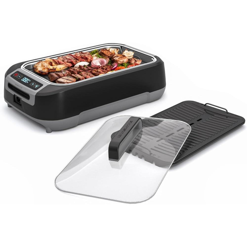 imageOVENTE Electric Indoor Grill with 13x10 Inch NonStick Cooking Surface 1000W Fast Heat Up Power Adjustable Temperature Removable and Dishwasher Safe Grilling Plate and Drip Tray Black GD1632NLBSGR85B  Black