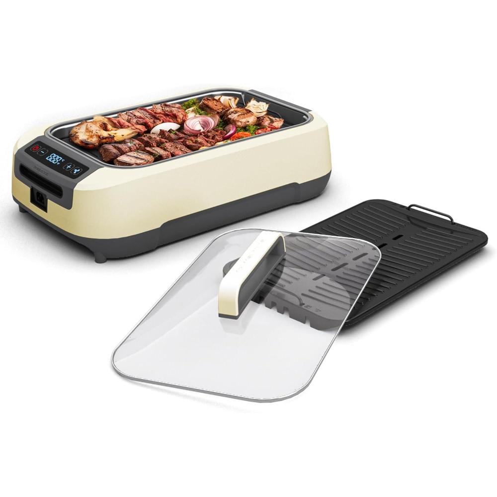 imageOVENTE Electric Indoor Grill with 13x10 Inch NonStick Cooking Surface 1000W Fast Heat Up Power Adjustable Temperature Removable and Dishwasher Safe Grilling Plate and Drip Tray Black GD1632NLBSGR85W White