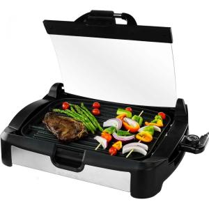 OVENTE 2-in-1 Electric Grill and Griddle with Removable Tempered Glass Cover, 1700W Fast Heating Ceramic Non-Stick Plate Perfect for Indoor BBQ Cooking Breakfast, Pancake, Bacon and Egg, Black GR2001B