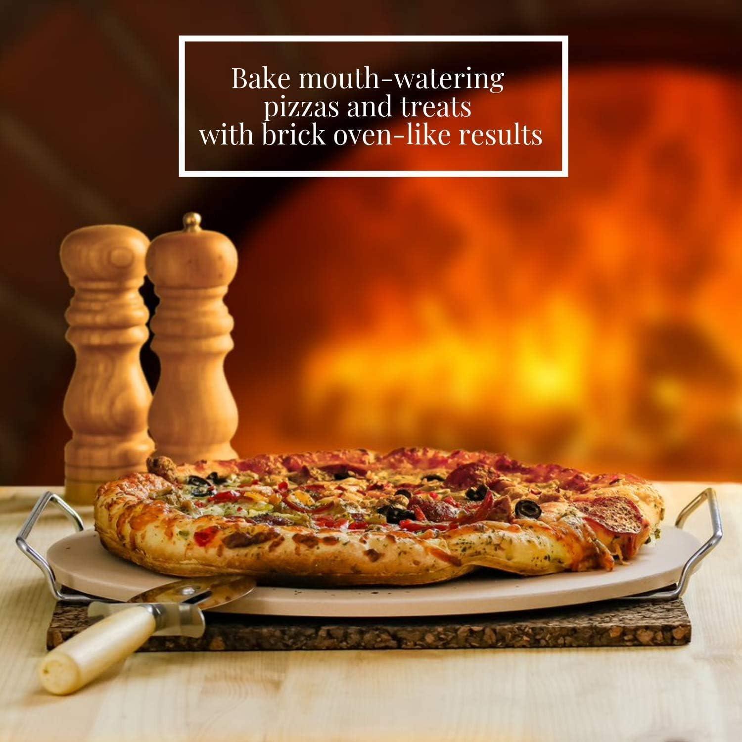 imageOVENTE 13 Round Pizza Stone for Oven and Grill Heat Resistant Ceramic Flat Baking Stone with Cutter Wheel Metal Rack Stand Ideal for Making Crisp Crust Pizza Bread Cookies amp More Beige BW10132