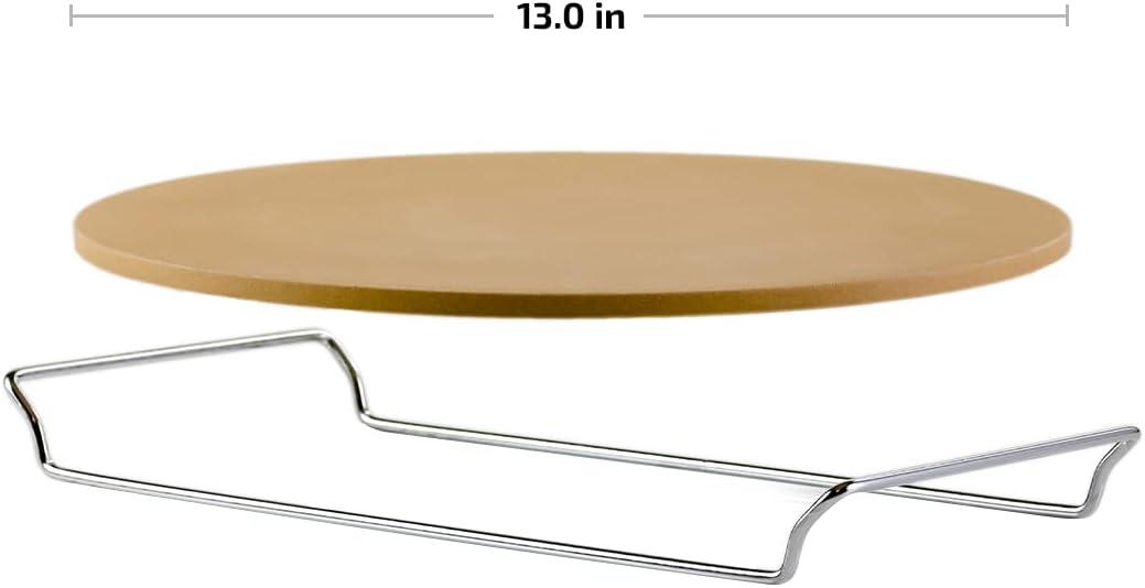 imageOVENTE 13 Round Pizza Stone for Oven and Grill Heat Resistant Ceramic Flat Baking Stone with Cutter Wheel Metal Rack Stand Ideal for Making Crisp Crust Pizza Bread Cookies amp More Beige BW10132