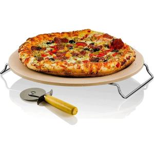 OVENTE 13″ Round Pizza Stone for Oven and Grill, Heat Resistant Ceramic Flat Baking Stone with Cutter Wheel, Metal Rack Stand, Ideal for Making Crisp Crust Pizza, Bread, Cookies & More, Beige BW10132