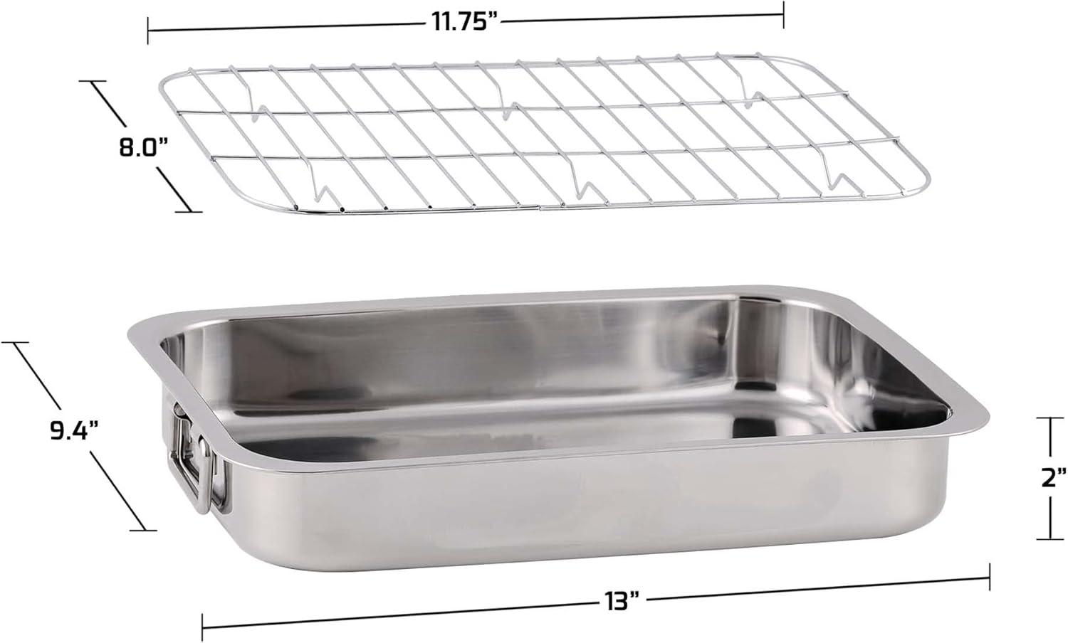 imageOVENTE Stainless Steel Roasting Pan with Flat Rack 13x94 Inch Nonstick Small Roaster Tray Oven and Dishwasher Safe Bakeware Dish for Chicken Ham Lasagna Roasted Beef or Veggies Silver CWR23131S13 x 94
