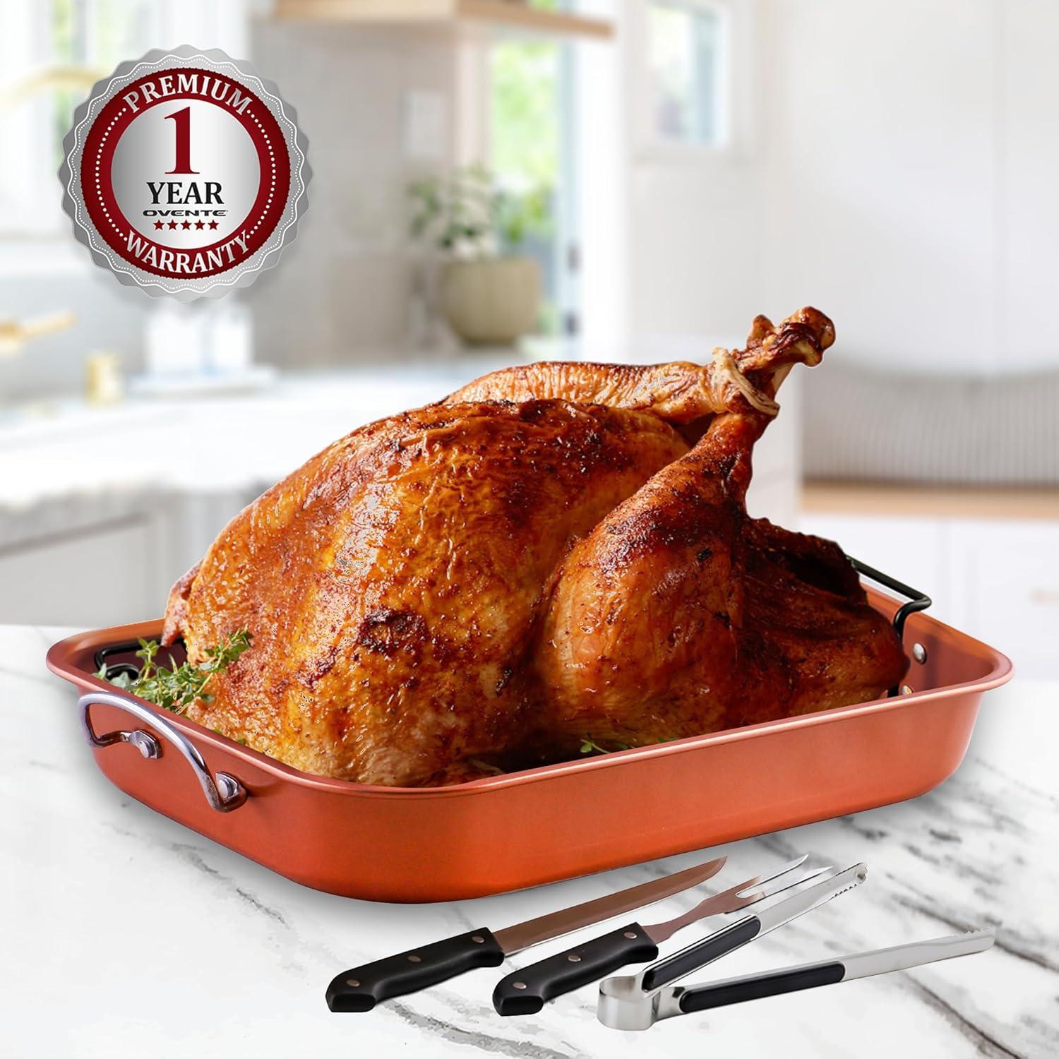 imageOVENTE Stainless Steel Roasting Pan with Flat Rack 13x94 Inch Nonstick Small Roaster Tray Oven and Dishwasher Safe Bakeware Dish for Chicken Ham Lasagna Roasted Beef or Veggies Silver CWR23131S15 x 1175