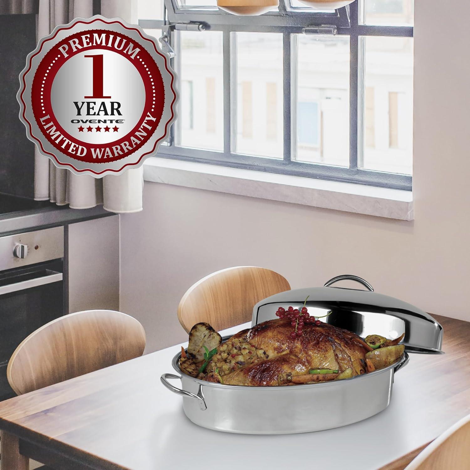 imageOVENTE Stainless Steel Roasting Pan with Flat Rack 13x94 Inch Nonstick Small Roaster Tray Oven and Dishwasher Safe Bakeware Dish for Chicken Ham Lasagna Roasted Beef or Veggies Silver CWR23131S1562 x 1175
