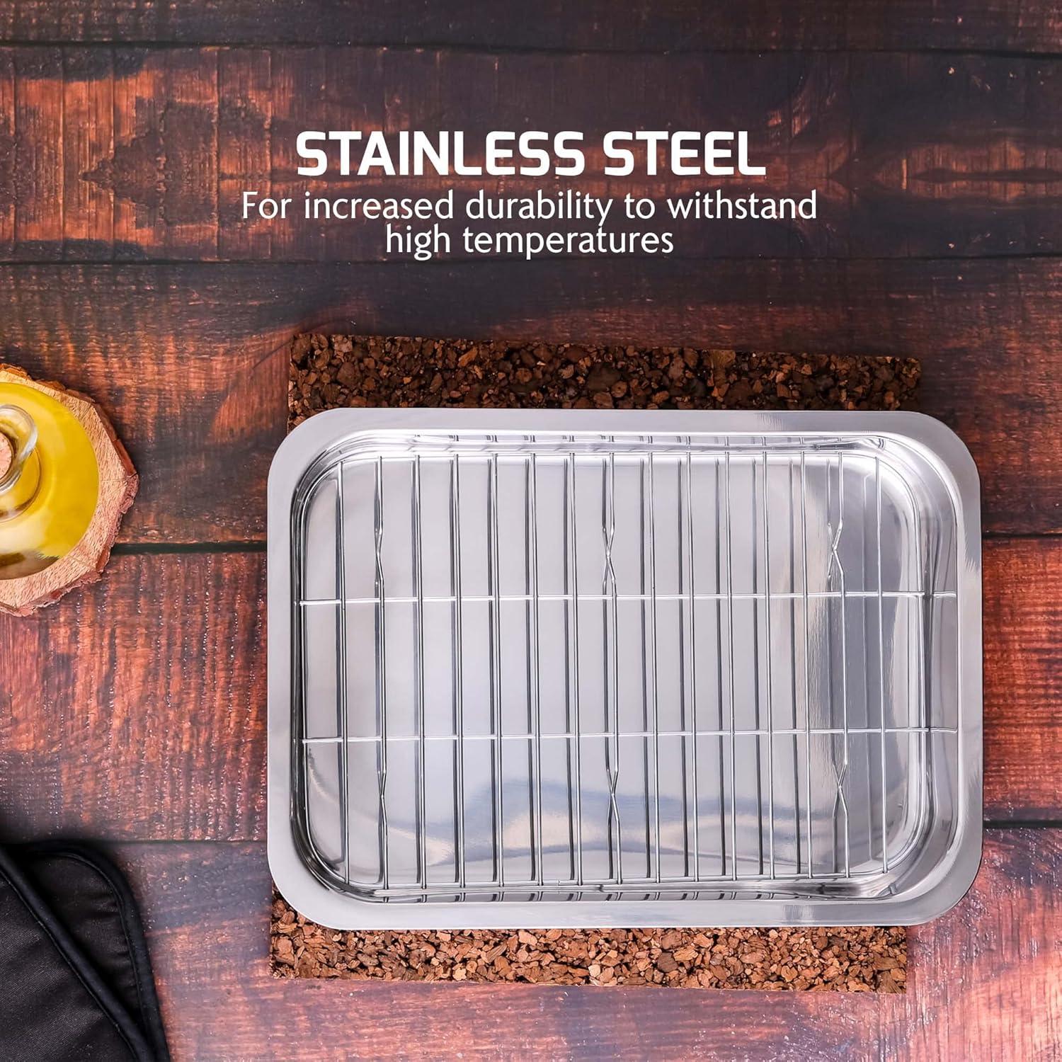 imageOVENTE Stainless Steel Roasting Pan with Flat Rack 13x94 Inch Nonstick Small Roaster Tray Oven and Dishwasher Safe Bakeware Dish for Chicken Ham Lasagna Roasted Beef or Veggies Silver CWR23131S13 x 94