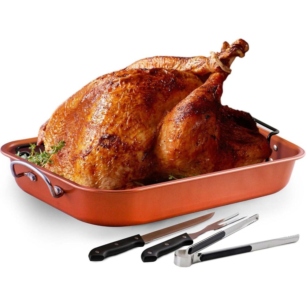 imageOVENTE Stainless Steel Roasting Pan with Flat Rack 13x94 Inch Nonstick Small Roaster Tray Oven and Dishwasher Safe Bakeware Dish for Chicken Ham Lasagna Roasted Beef or Veggies Silver CWR23131S15 x 1175