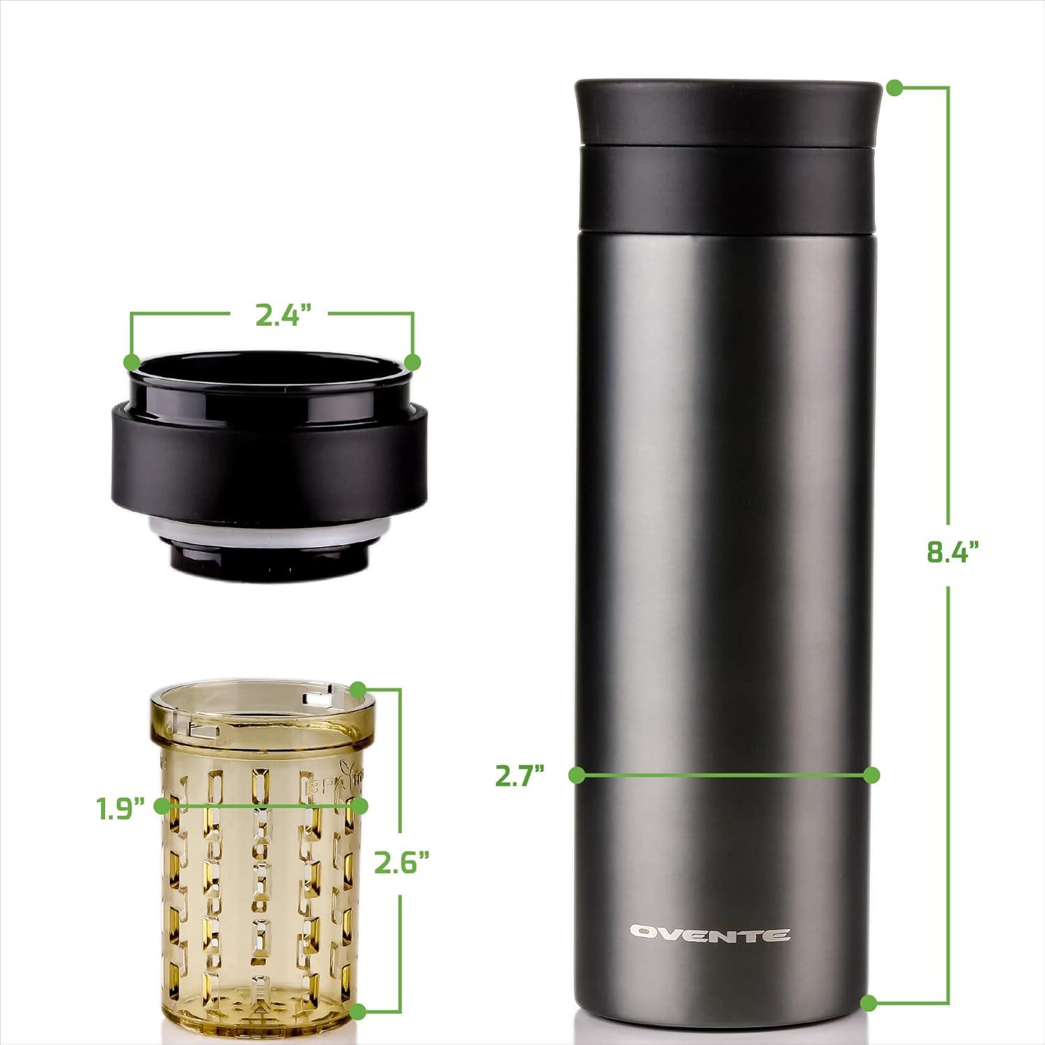 imageOvente Stainless Steel Vacuum Insulated Coffee Water Mug 16 oz Portable Double Wall Handheld Tumbler with Tea Infuser BPAFree Spill Proof Travel Friendly for Hot Cold Beverage Gunmetal MSA16G