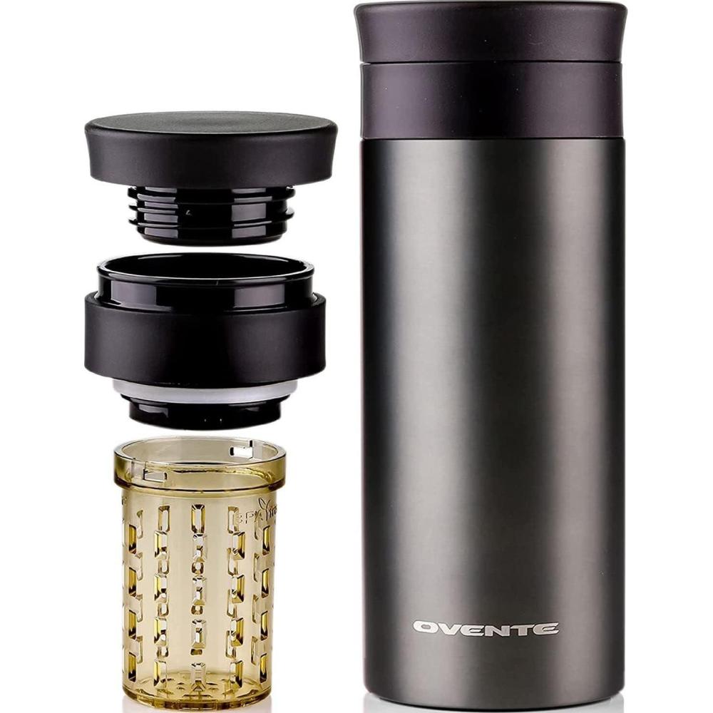 imageOvente Stainless Steel Vacuum Insulated Coffee Water Mug 16 oz Portable Double Wall Handheld Tumbler with Tea Infuser BPAFree Spill Proof Travel Friendly for Hot Cold Beverage Gunmetal MSA16G