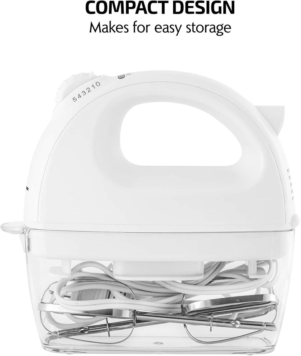 imageOVENTE Portable Electric Hand Mixer 5 Speed Mixing 150W Powerful Blender for Baking amp Cooking with 2 Stainless Steel Chrome Beater Attachments amp Snap Clear Case Compact Easy Storage Turquoise HM161TMixer White
