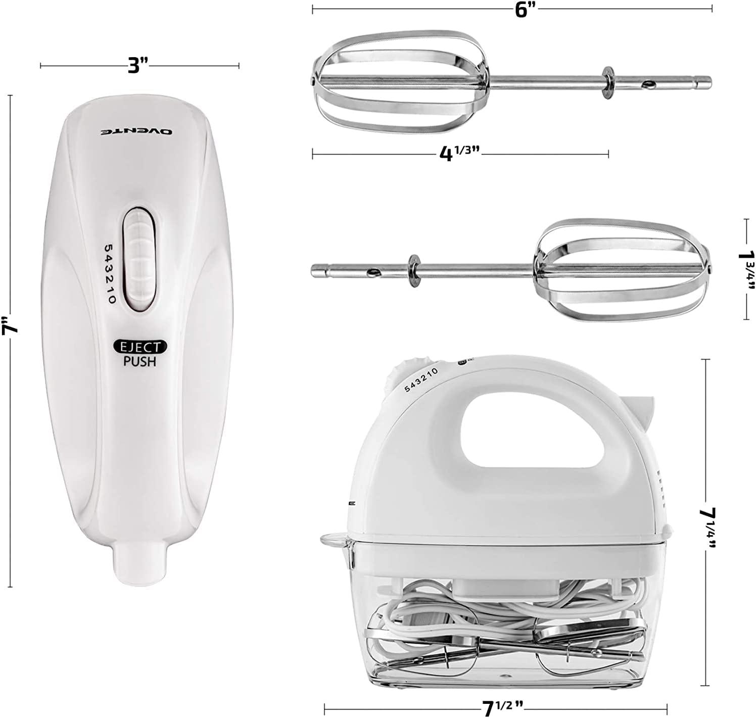 imageOVENTE Portable Electric Hand Mixer 5 Speed Mixing 150W Powerful Blender for Baking amp Cooking with 2 Stainless Steel Chrome Beater Attachments amp Snap Clear Case Compact Easy Storage Turquoise HM161TMixer White