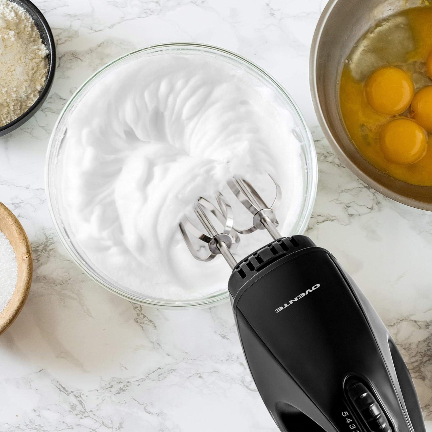 imageOVENTE Portable Electric Hand Mixer 5 Speed Mixing 150W Powerful Blender for Baking amp Cooking with 2 Stainless Steel Chrome Beater Attachments amp Snap Clear Case Compact Easy Storage Turquoise HM161TMixer Black