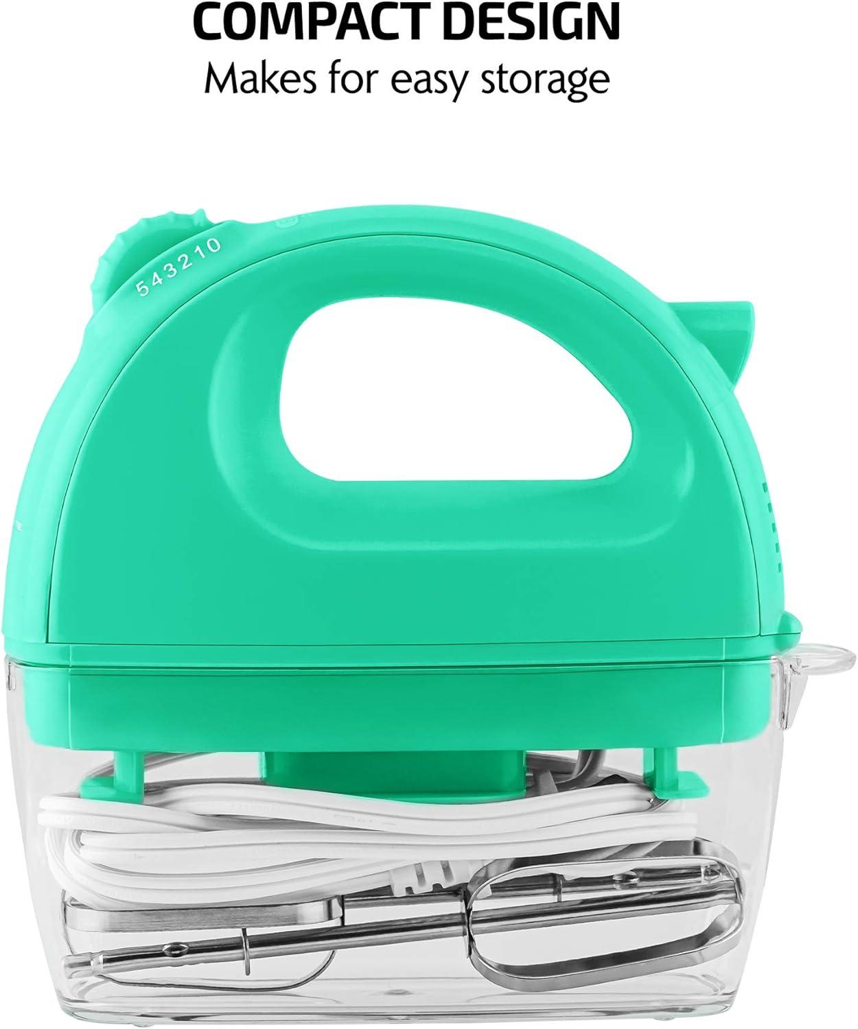 imageOVENTE Portable Electric Hand Mixer 5 Speed Mixing 150W Powerful Blender for Baking amp Cooking with 2 Stainless Steel Chrome Beater Attachments amp Snap Clear Case Compact Easy Storage Turquoise HM161TMixer Turquoise