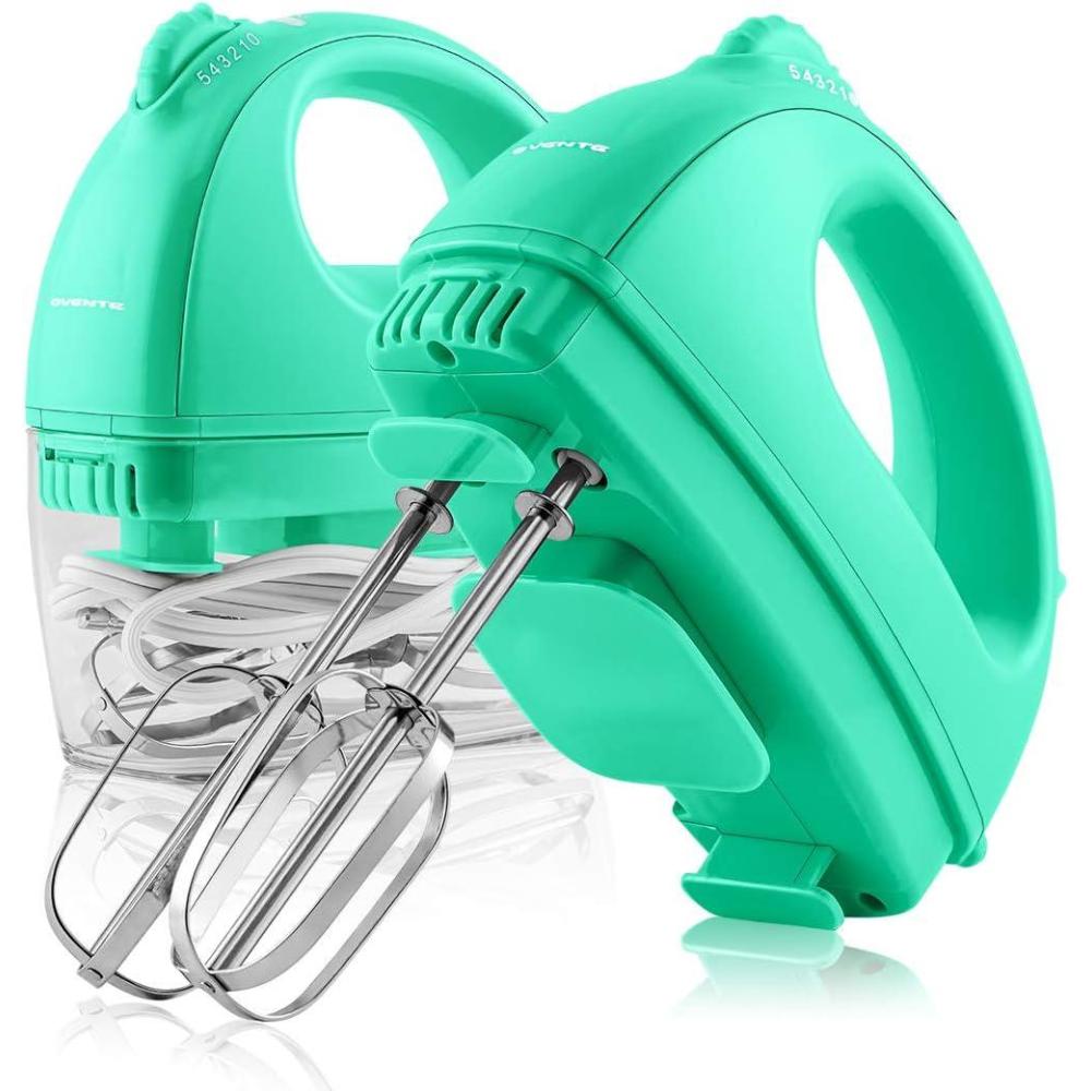 imageOVENTE Portable Electric Hand Mixer 5 Speed Mixing 150W Powerful Blender for Baking amp Cooking with 2 Stainless Steel Chrome Beater Attachments amp Snap Clear Case Compact Easy Storage Turquoise HM161TMixer Turquoise