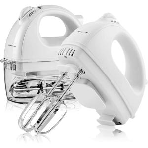 OVENTE Portable Electric Hand Mixer 5 Speed Mixing, 150W Powerful Blender for Baking & Cooking with 2 Stainless Steel Chrome Beater Attachments & Snap Clear Case Compact Easy Storage, Turquoise HM161T(Mixer – White)