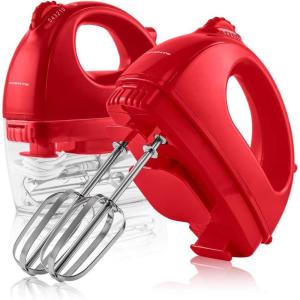 OVENTE Portable Electric Hand Mixer 5 Speed Mixing, 150W Powerful Blender for Baking & Cooking with 2 Stainless Steel Chrome Beater Attachments & Snap Clear Case Compact Easy Storage, Turquoise HM161T(Mixer – Red)