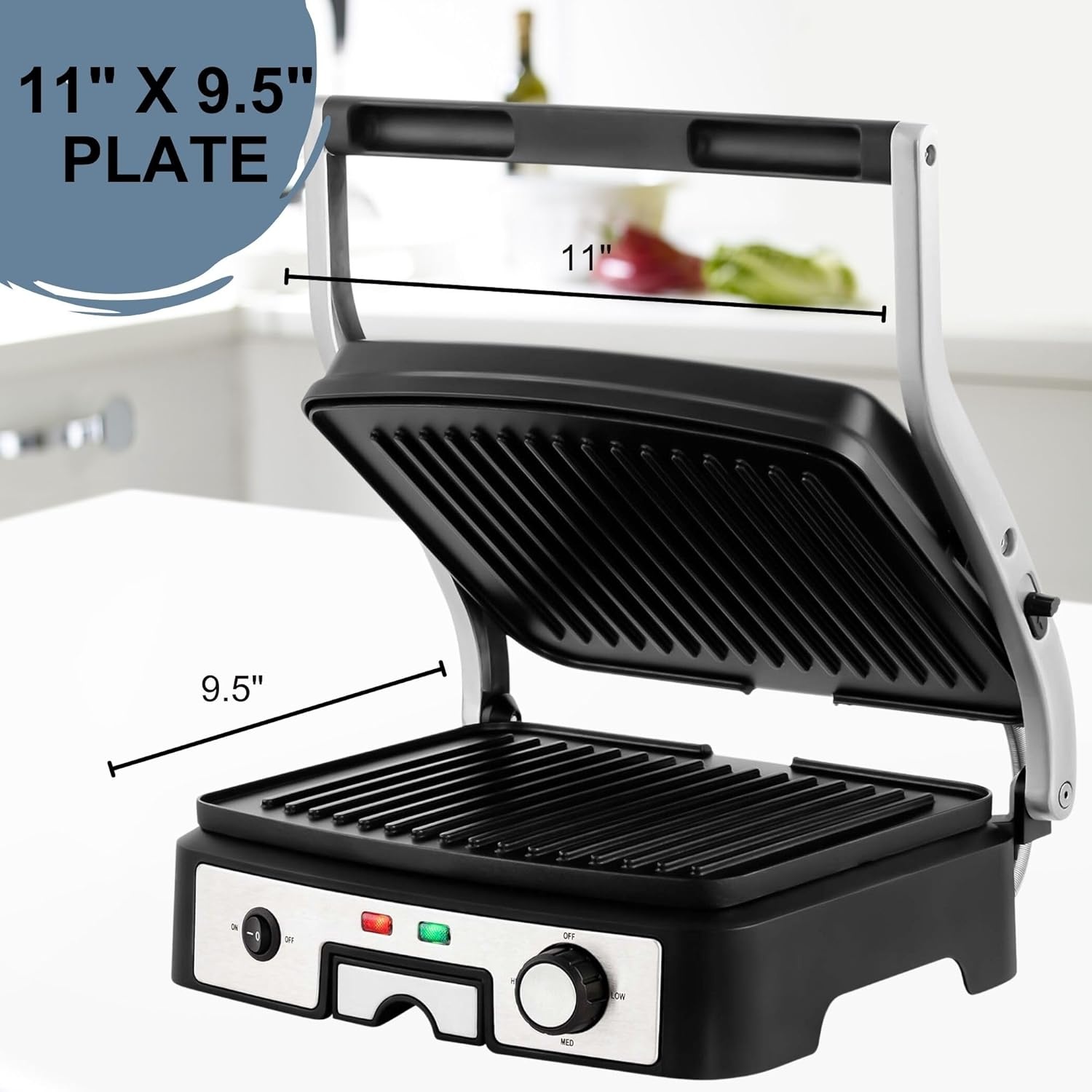 image:imageOVENTE Electric Panini Press Sandwich Maker 1500W Indoor Grill with NonStick Coated Plates Temperature Control amp Removable Drip Tray Opens 180 Degrees to Fit Any TypeSize of Food Silver GP1861BRGP1861BR