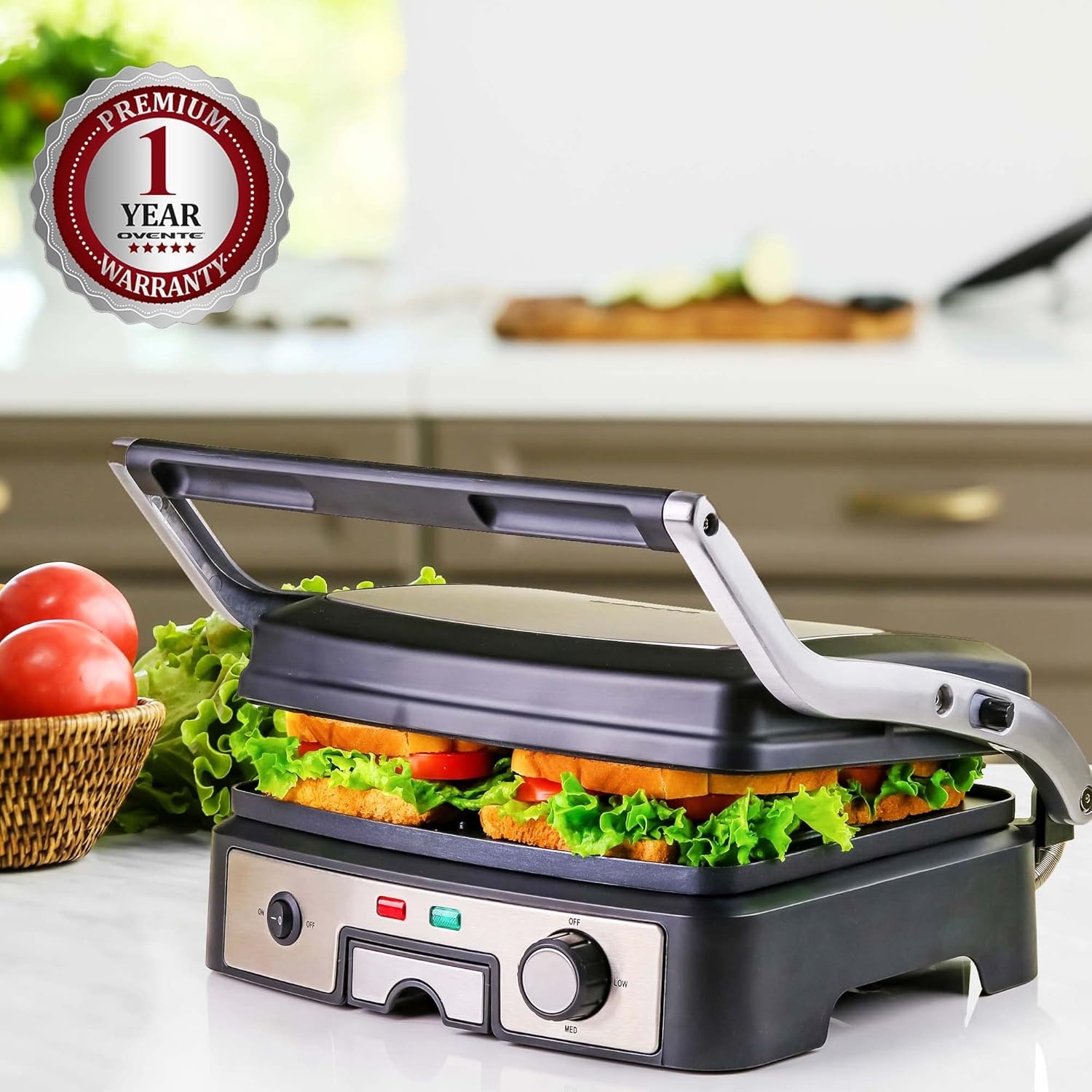 image:imageOVENTE Electric Panini Press Sandwich Maker 1500W Indoor Grill with NonStick Coated Plates Temperature Control amp Removable Drip Tray Opens 180 Degrees to Fit Any TypeSize of Food Silver GP1861BRGP1861BR