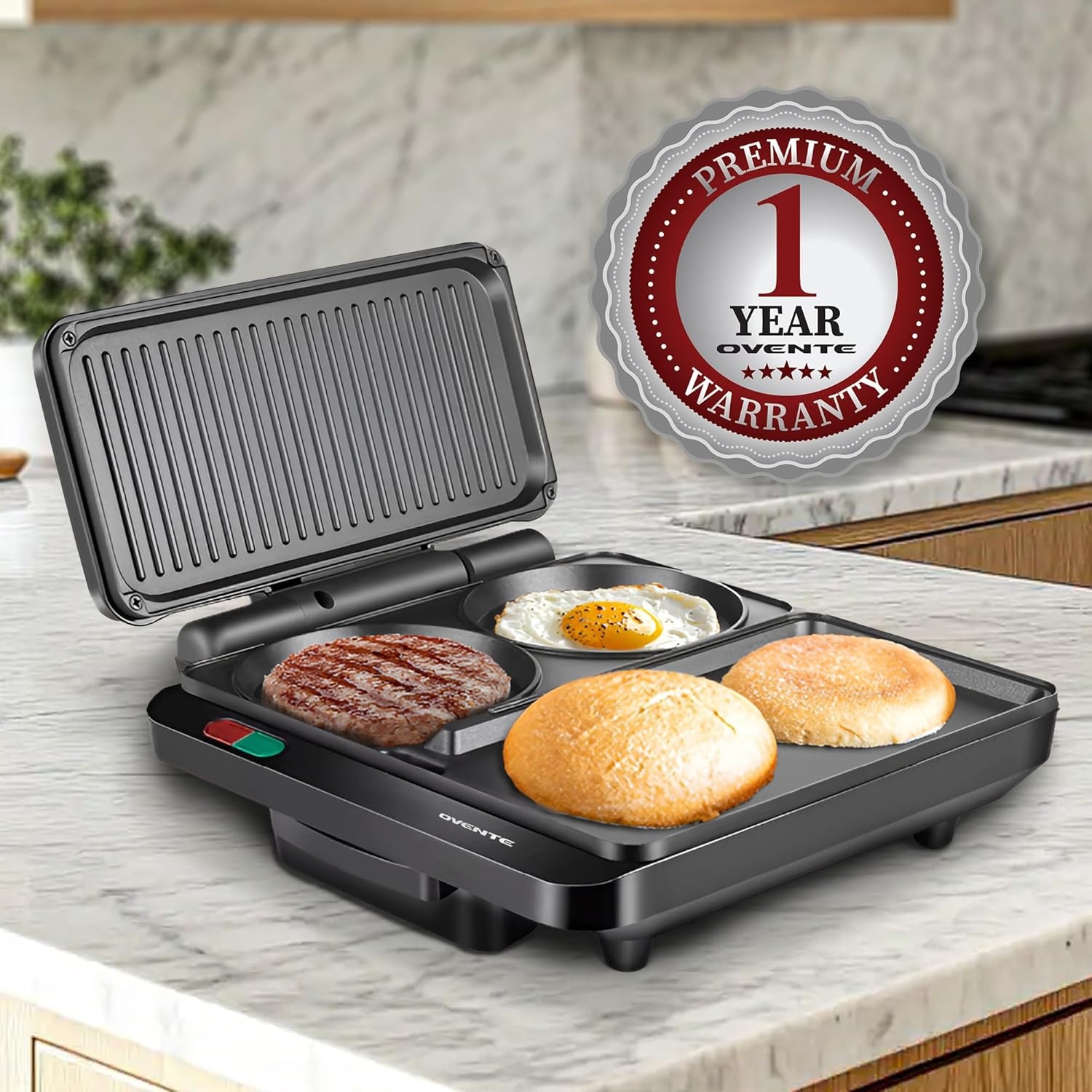 image:imageOVENTE Electric Panini Press Sandwich Maker 1500W Indoor Grill with NonStick Coated Plates Temperature Control amp Removable Drip Tray Opens 180 Degrees to Fit Any TypeSize of Food Silver GP1861BRHMG111B