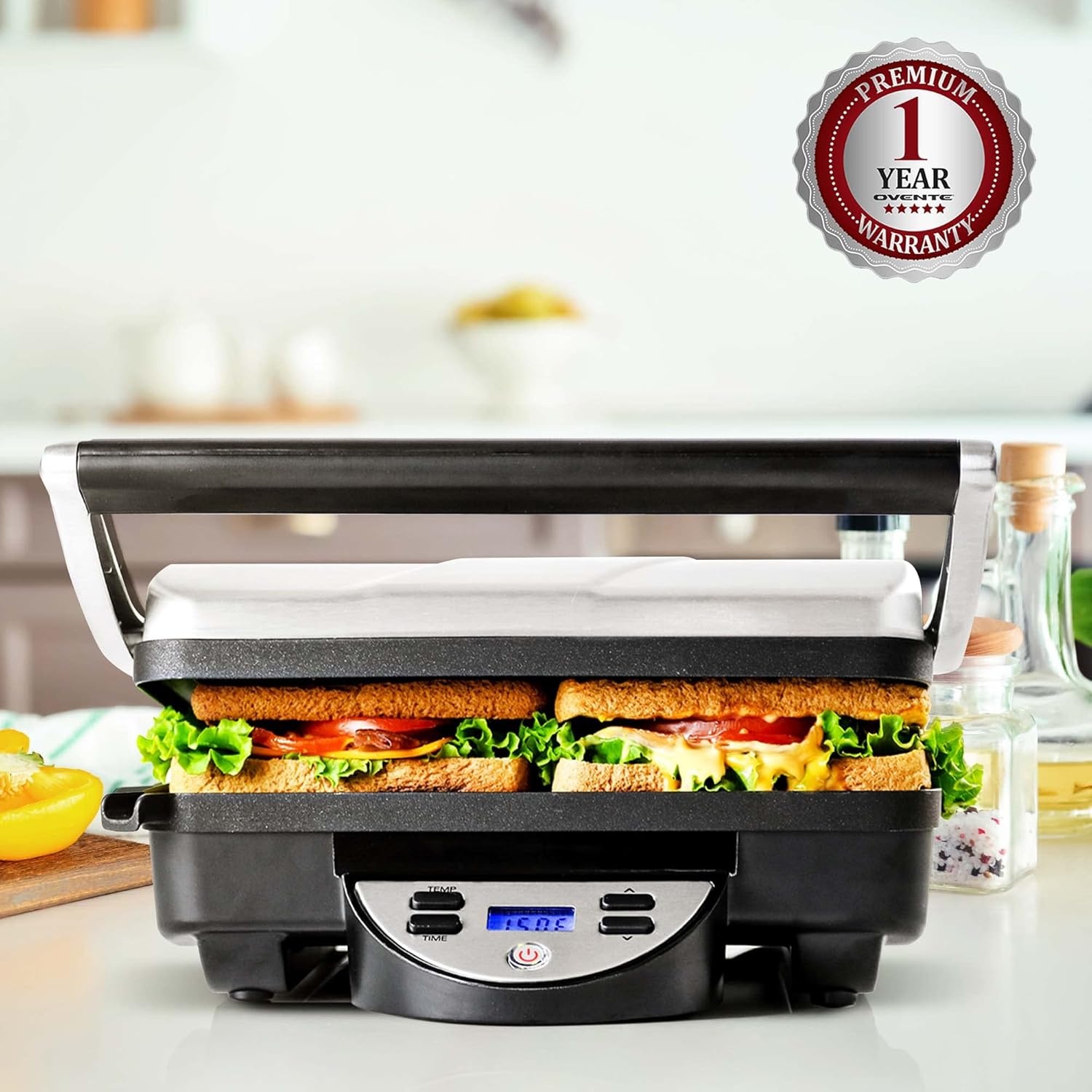 image:imageOVENTE Electric Panini Press Sandwich Maker 1500W Indoor Grill with NonStick Coated Plates Temperature Control amp Removable Drip Tray Opens 180 Degrees to Fit Any TypeSize of Food Silver GP1861BRGP1000BR