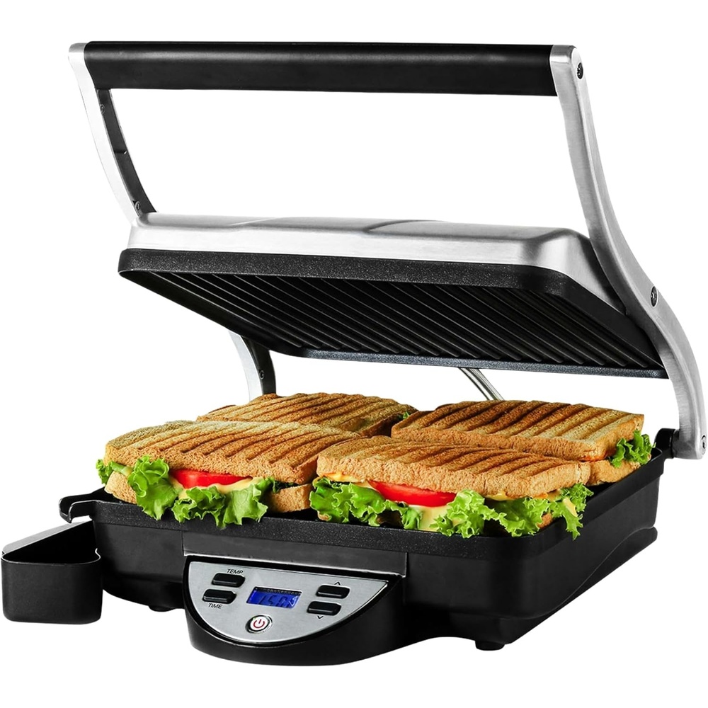 image:imageOVENTE Electric Panini Press Sandwich Maker 1500W Indoor Grill with NonStick Coated Plates Temperature Control amp Removable Drip Tray Opens 180 Degrees to Fit Any TypeSize of Food Silver GP1861BRGP1000BR