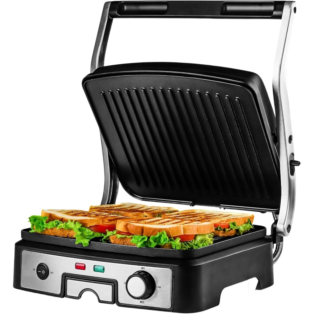 image:imageOVENTE Electric Panini Press Sandwich Maker 1500W Indoor Grill with NonStick Coated Plates Temperature Control amp Removable Drip Tray Opens 180 Degrees to Fit Any TypeSize of Food Silver GP1861BRGP1861BR