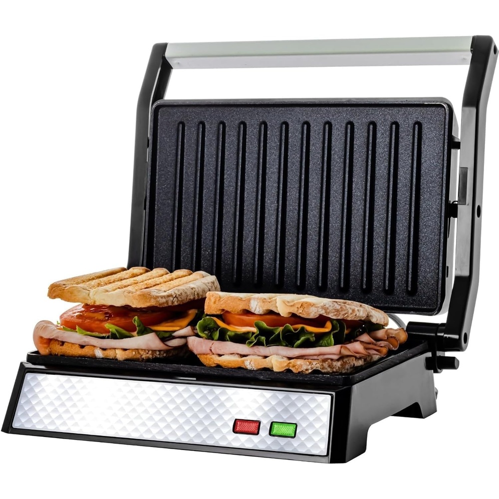 image:imageOVENTE Electric Panini Press Sandwich Maker 1500W Indoor Grill with NonStick Coated Plates Temperature Control amp Removable Drip Tray Opens 180 Degrees to Fit Any TypeSize of Food Silver GP1861BRGP0540BR