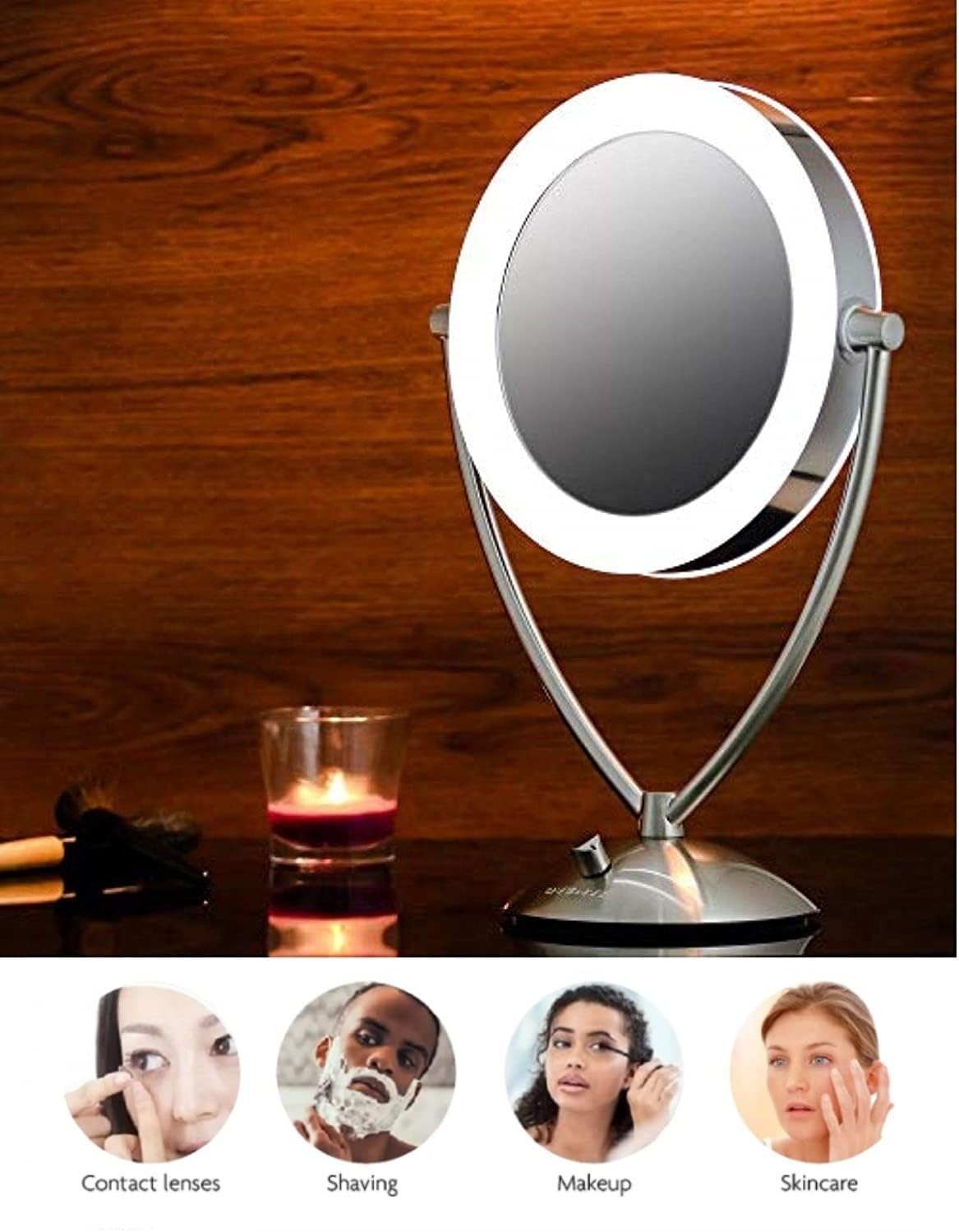 image:imageOVENTE 95 Lighted Tabletop Makeup Mirror 1X amp 10X Magnifier Adjustable Double Sided Round LED Dimmer Switch Battery amp USB Powered Ideal for Bedroom amp Vanity Nickel Brushed MLT45BR1X10XNickel Brushed