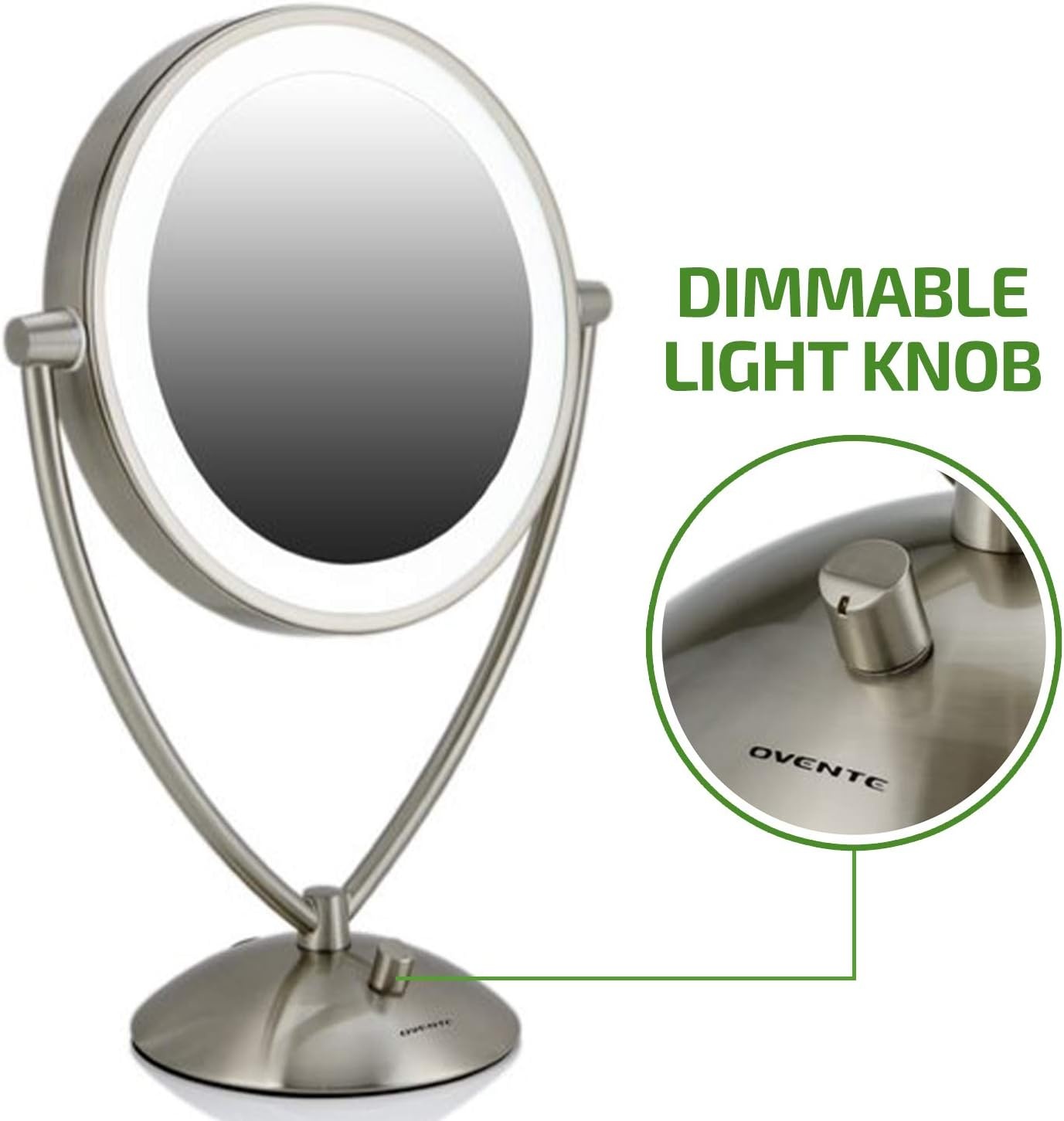 image:imageOVENTE 95 Lighted Tabletop Makeup Mirror 1X amp 10X Magnifier Adjustable Double Sided Round LED Dimmer Switch Battery amp USB Powered Ideal for Bedroom amp Vanity Nickel Brushed MLT45BR1X10XNickel Brushed