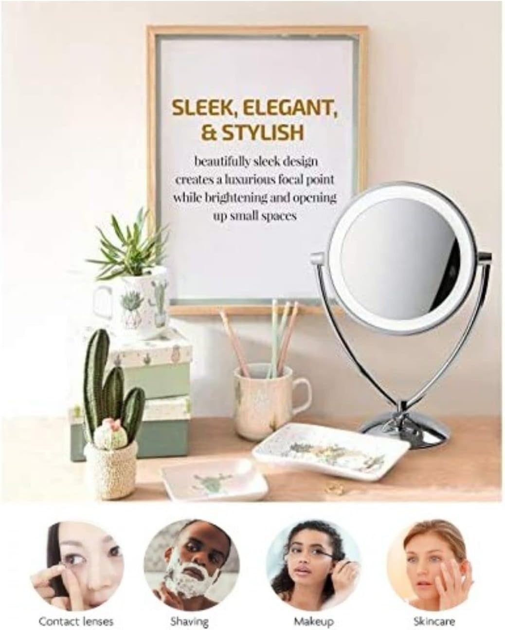 image:imageOVENTE 95 Lighted Tabletop Makeup Mirror 1X amp 10X Magnifier Adjustable Double Sided Round LED Dimmer Switch Battery amp USB Powered Ideal for Bedroom amp Vanity Nickel Brushed MLT45BR1X10XPolished Chrome
